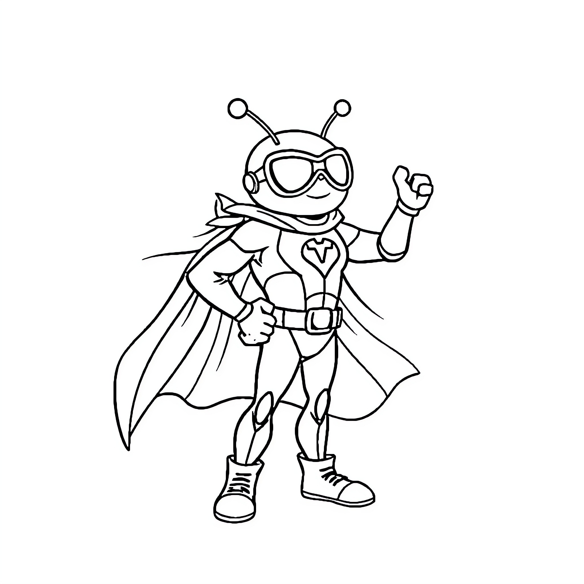 TravelBug Superhero in Action Pose Coloring Page (free black-and-white line drawing printable PDF for all, from beginners to advanced learners, including children, teens, adults, and seniors)