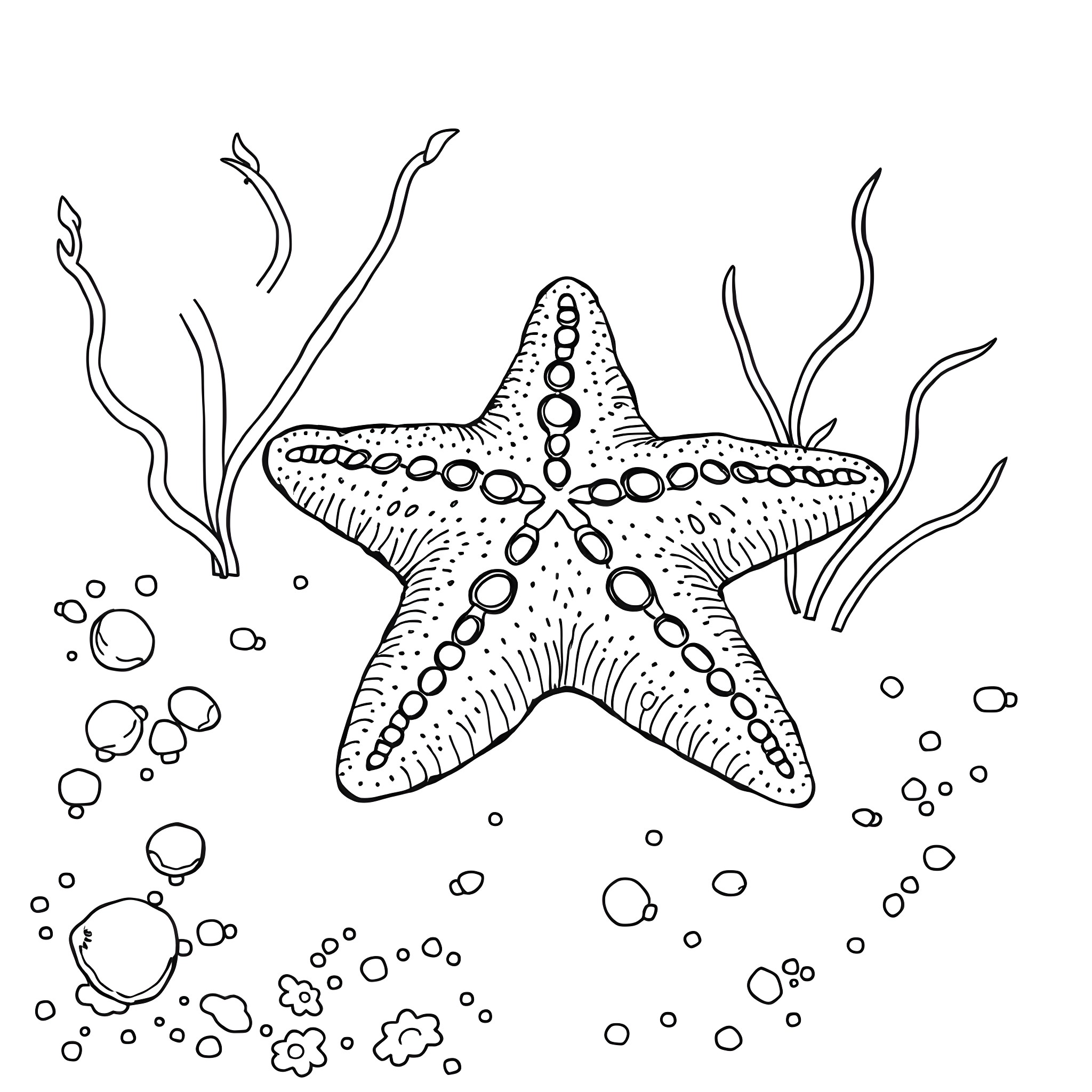Starfish resting on the ocean floor Coloring Page (free black-and-white line drawing printable PDF for all, from beginners to advanced learners, including children, teens, adults, and seniors)