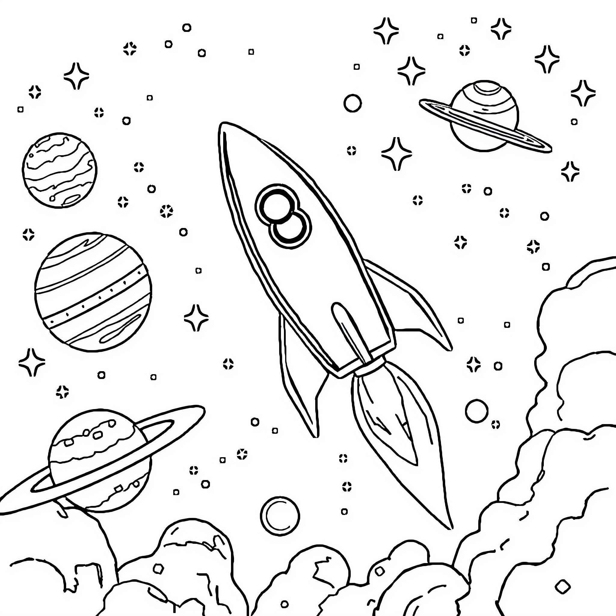 Rocket launching into the cosmic space Coloring Page (free black-and-white line drawing printable PDF for all, from beginners to advanced learners, including children, teens, adults, and seniors)