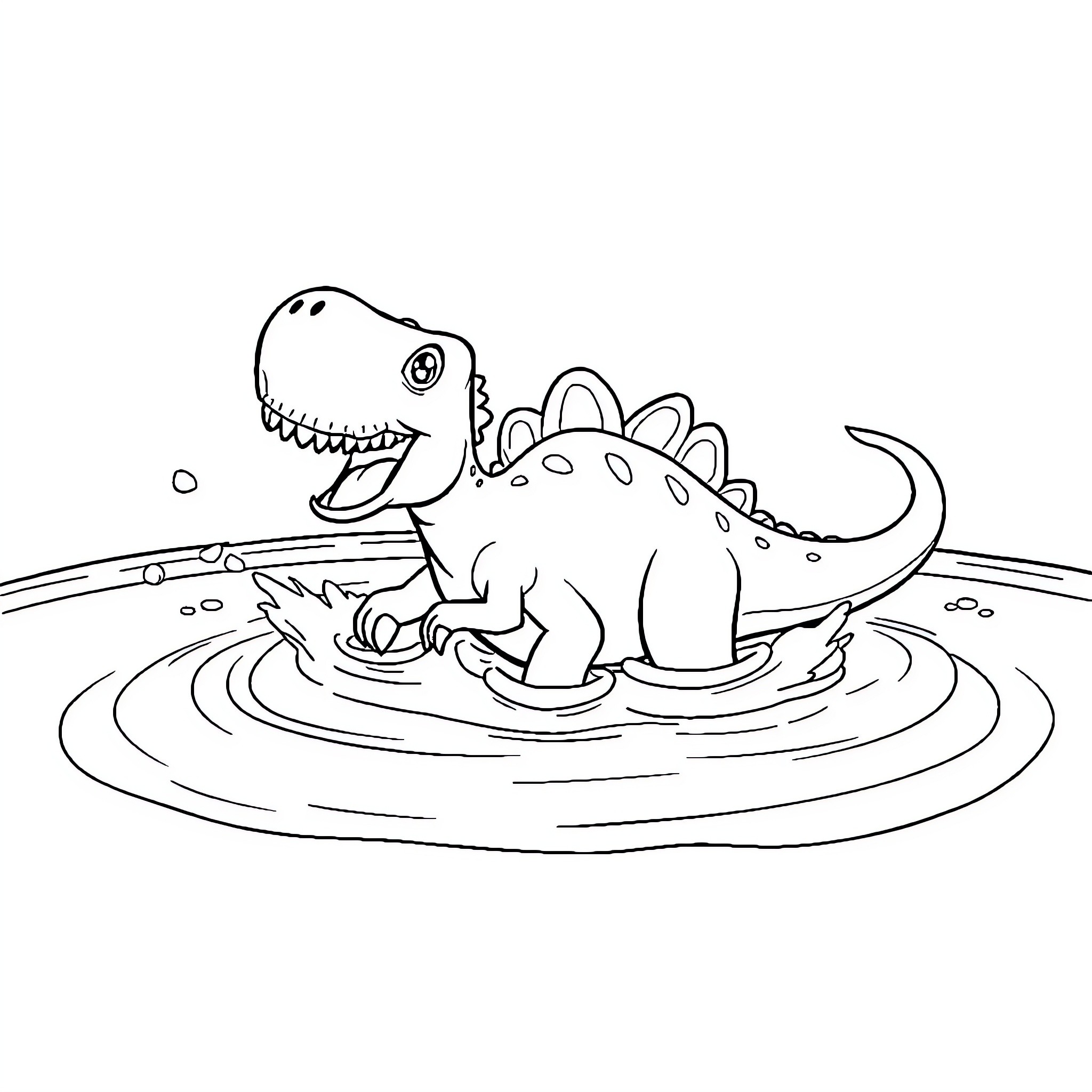 Dinosaur playing in a puddle Coloring Page (free black-and-white line drawing printable PDF for all, from beginners to advanced learners, including children, teens, adults, and seniors)