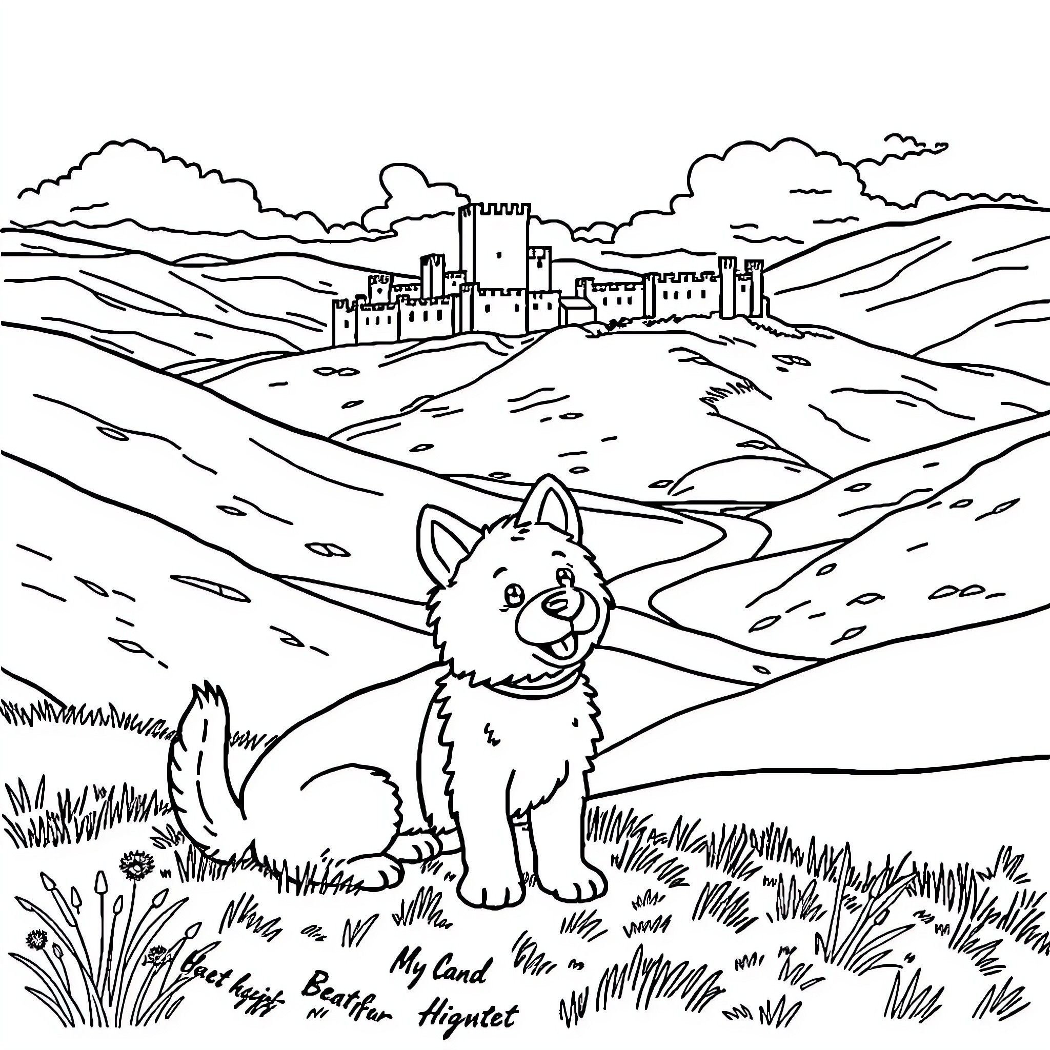 Bluey exploring the countryside near a castle Coloring Page (free black-and-white line drawing printable PDF for all, from beginners to advanced learners, including children, teens, adults, and seniors)