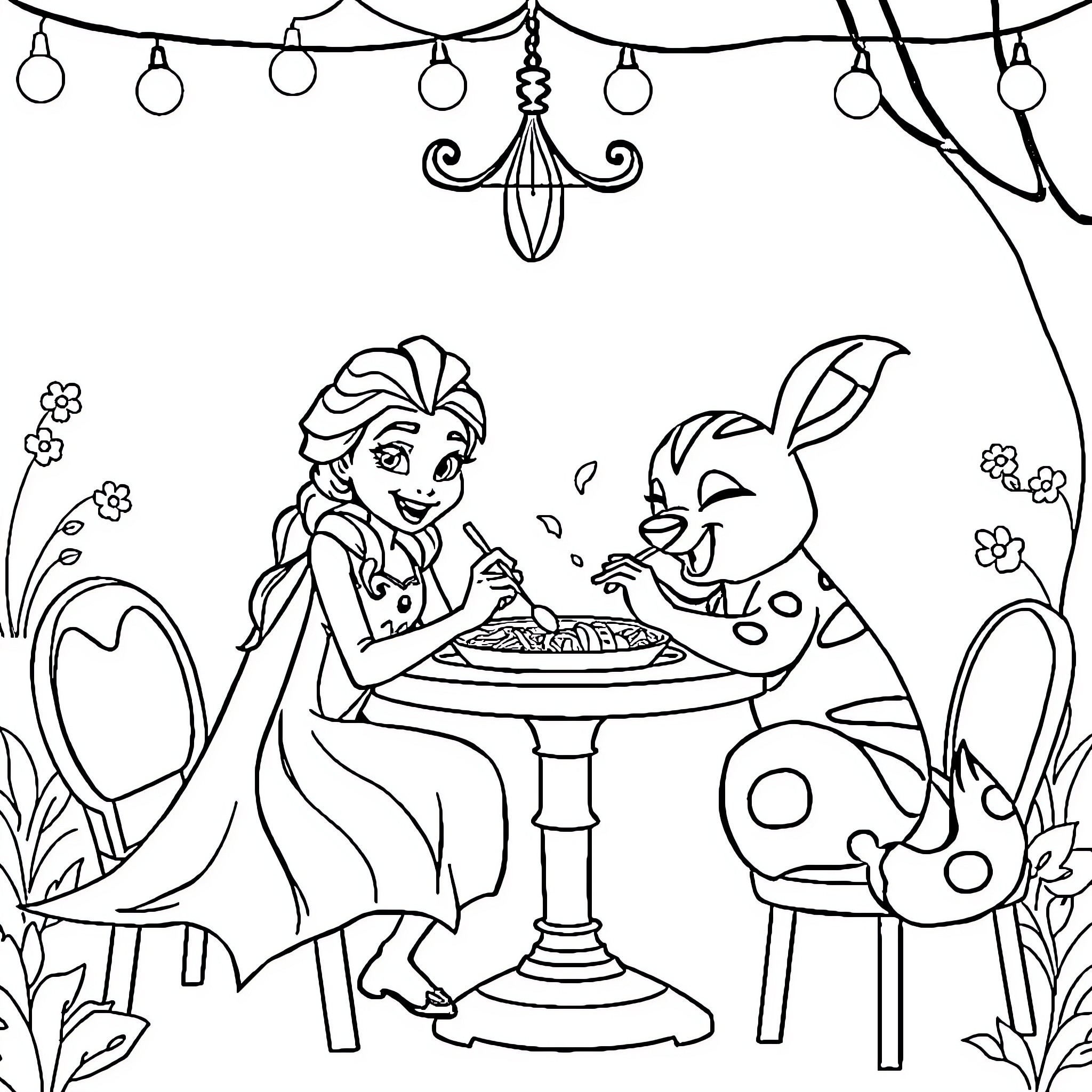 Elsa Enjoying a Picnic with Olaf in the Garden Coloring Page (free black-and-white line drawing printable PDF for all, from beginners to advanced learners, including children, teens, adults, and seniors)