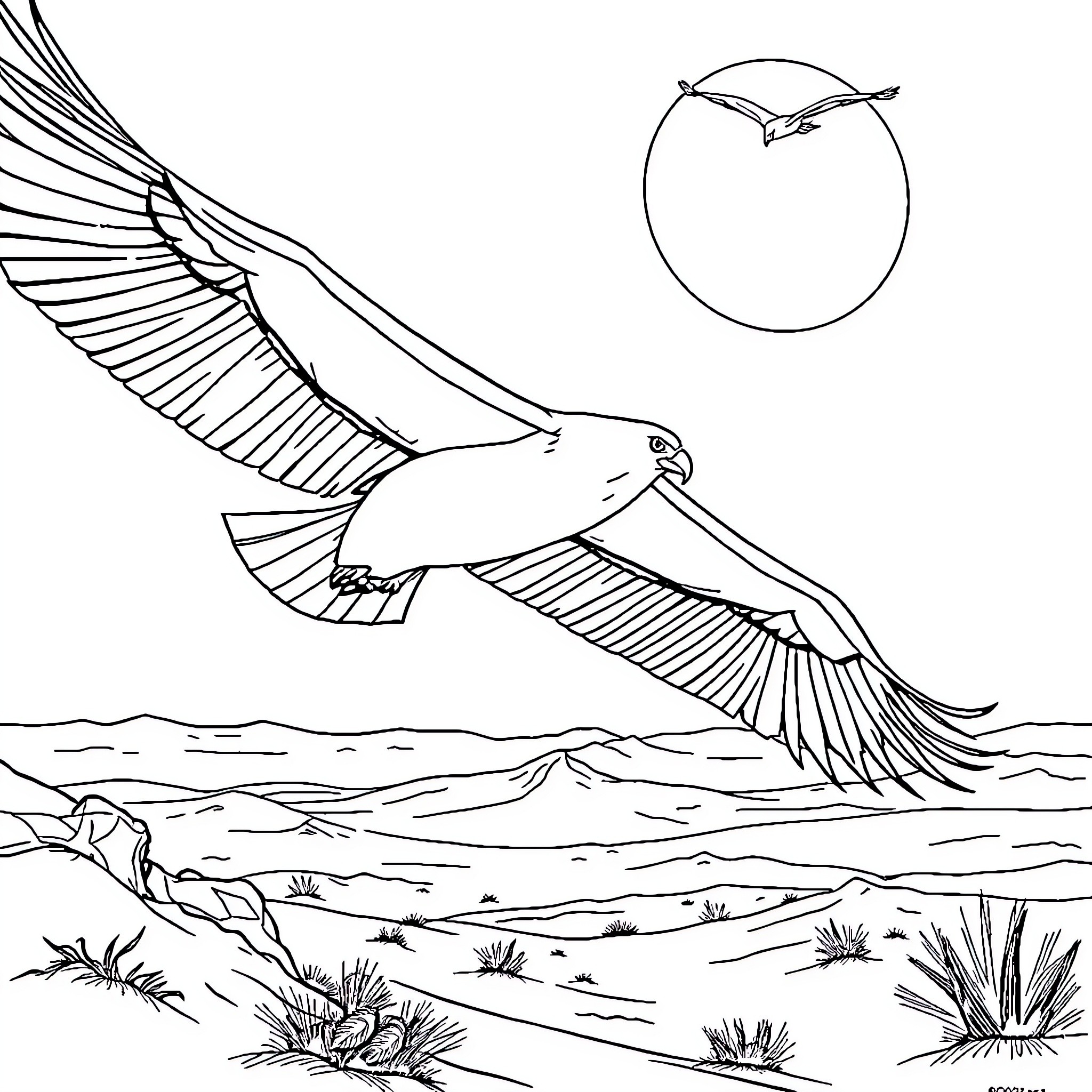 Bird soaring gracefully over the ocean landscape Coloring Page (free black-and-white line drawing printable PDF for all, from beginners to advanced learners, including children, teens, adults, and seniors)