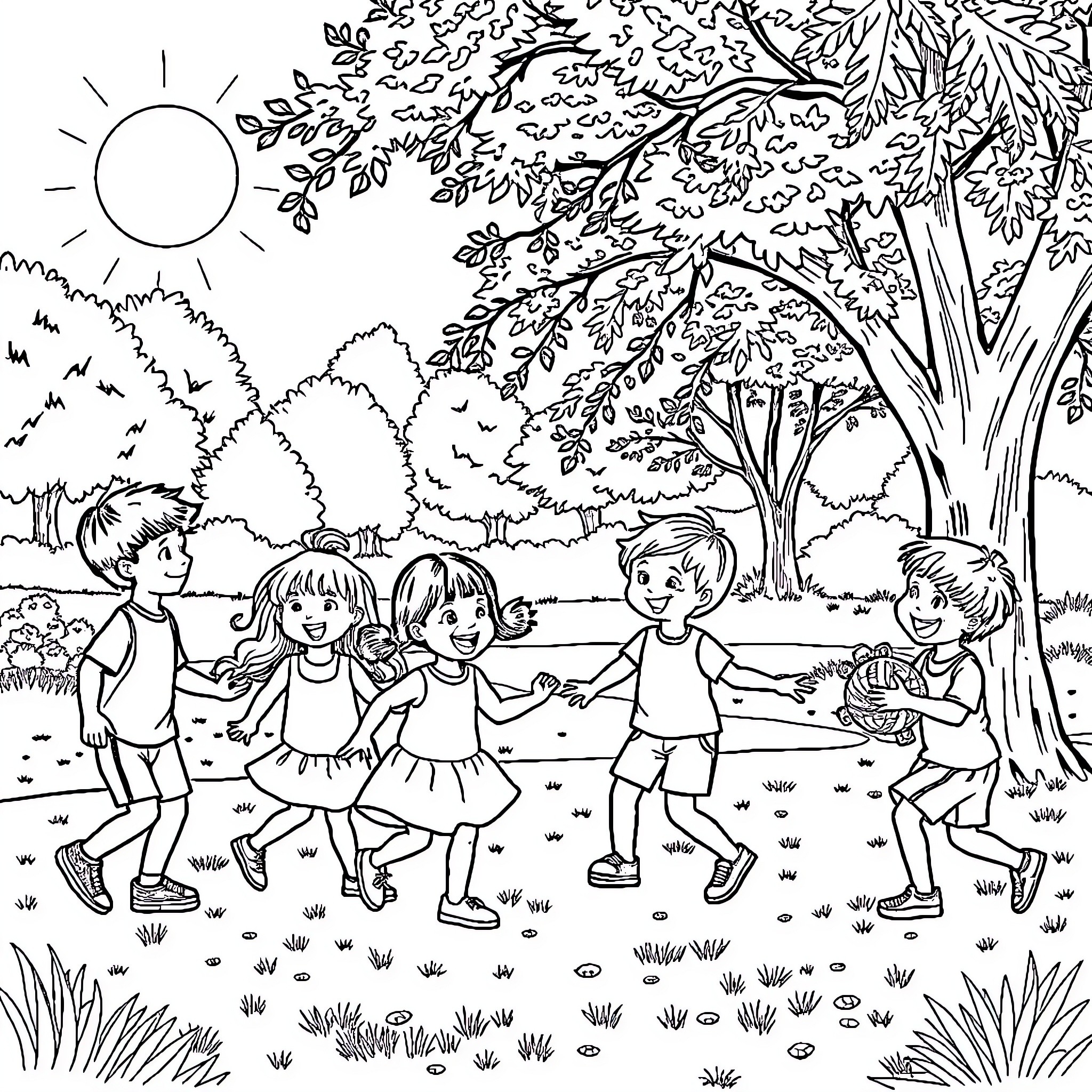 Child playing and dancing in the park Coloring Page (free black-and-white line drawing printable PDF for all, from beginners to advanced learners, including children, teens, adults, and seniors)