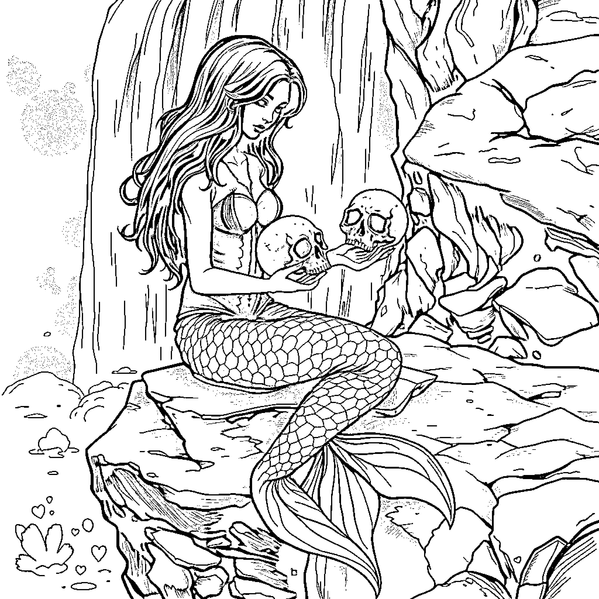 Mermaid tending to an injured creature in the underwater cave Coloring Page (free black-and-white line drawing printable PDF for all, from beginners to advanced learners, including children, teens, adults, and seniors)