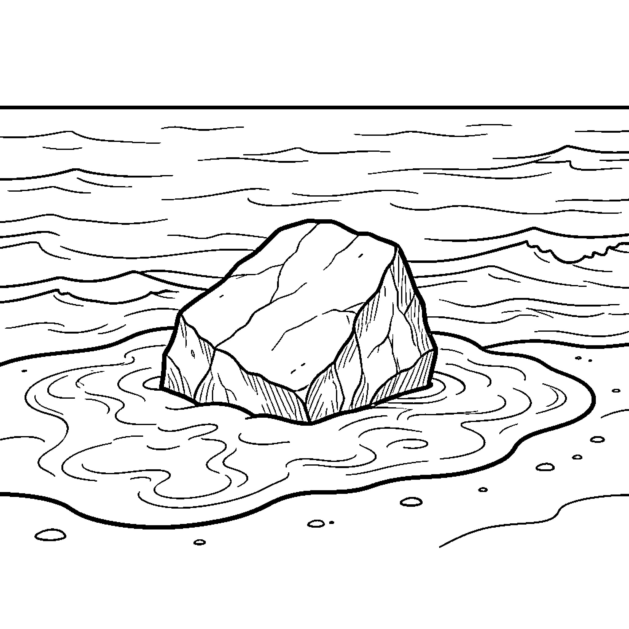 Rock sitting amidst the ocean waves Coloring Page (free black-and-white line drawing printable PDF for all, from beginners to advanced learners, including children, teens, adults, and seniors)