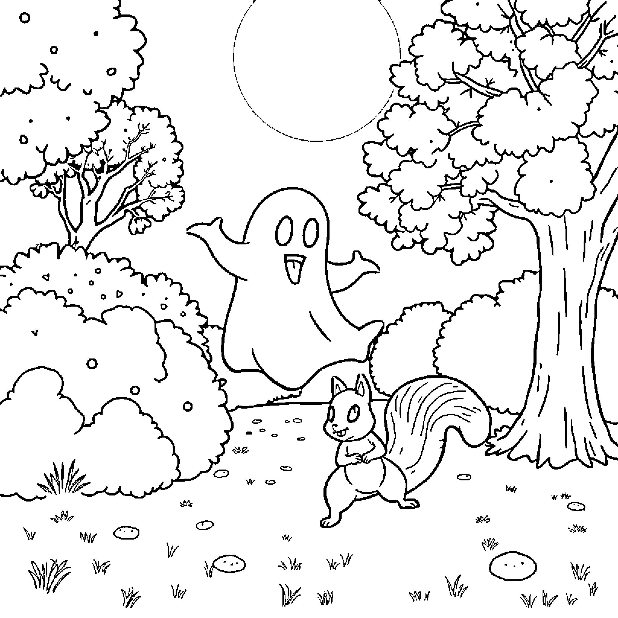 Ghost and Squirrel in Enchanted Forest Coloring Page (free black-and-white line drawing printable PDF for all, from beginners to advanced learners, including children, teens, adults, and seniors)