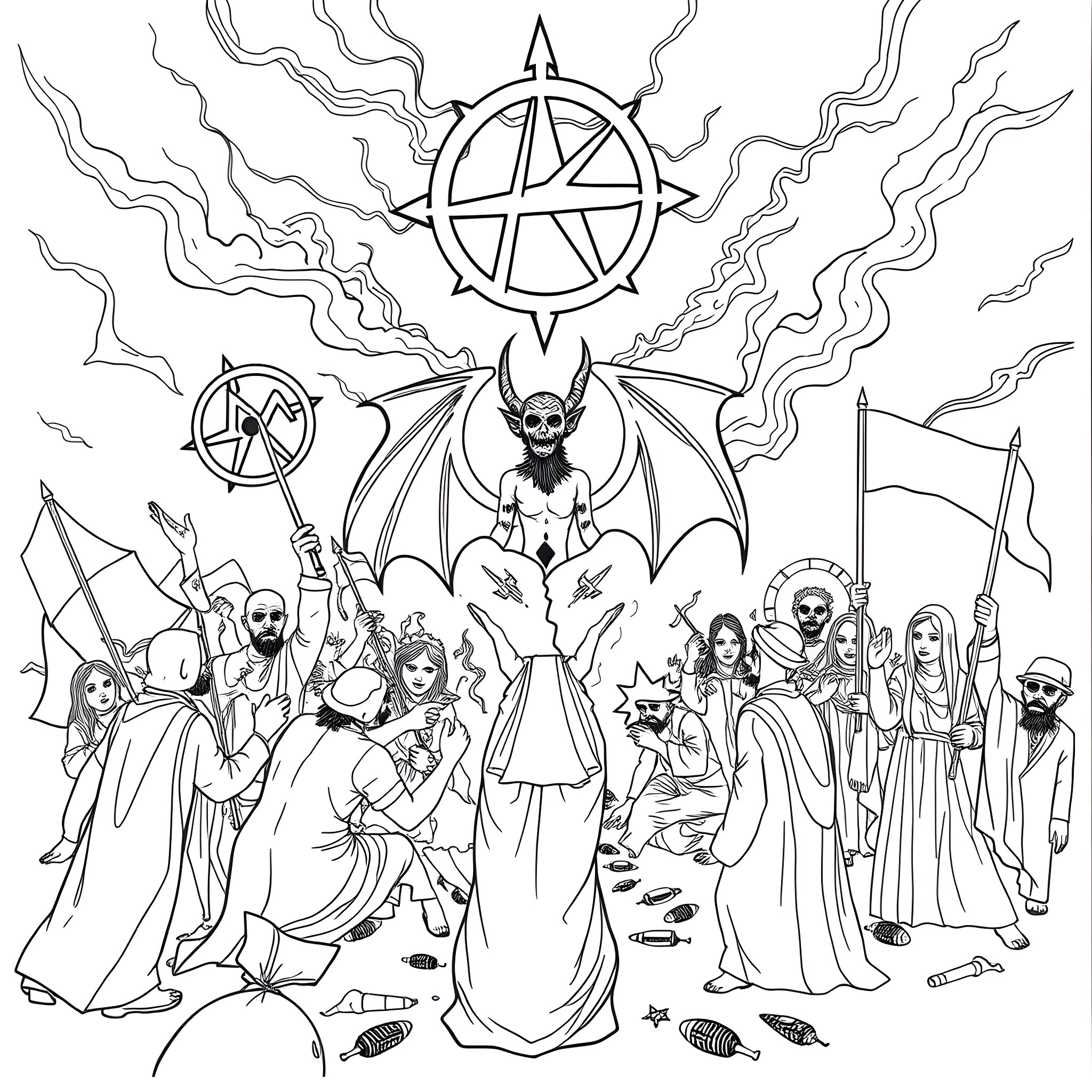Anarchy: Chaotic Gathering of Nonconformist Figures Coloring Page (free black-and-white line drawing printable PDF for all, from beginners to advanced learners, including children, teens, adults, and seniors)