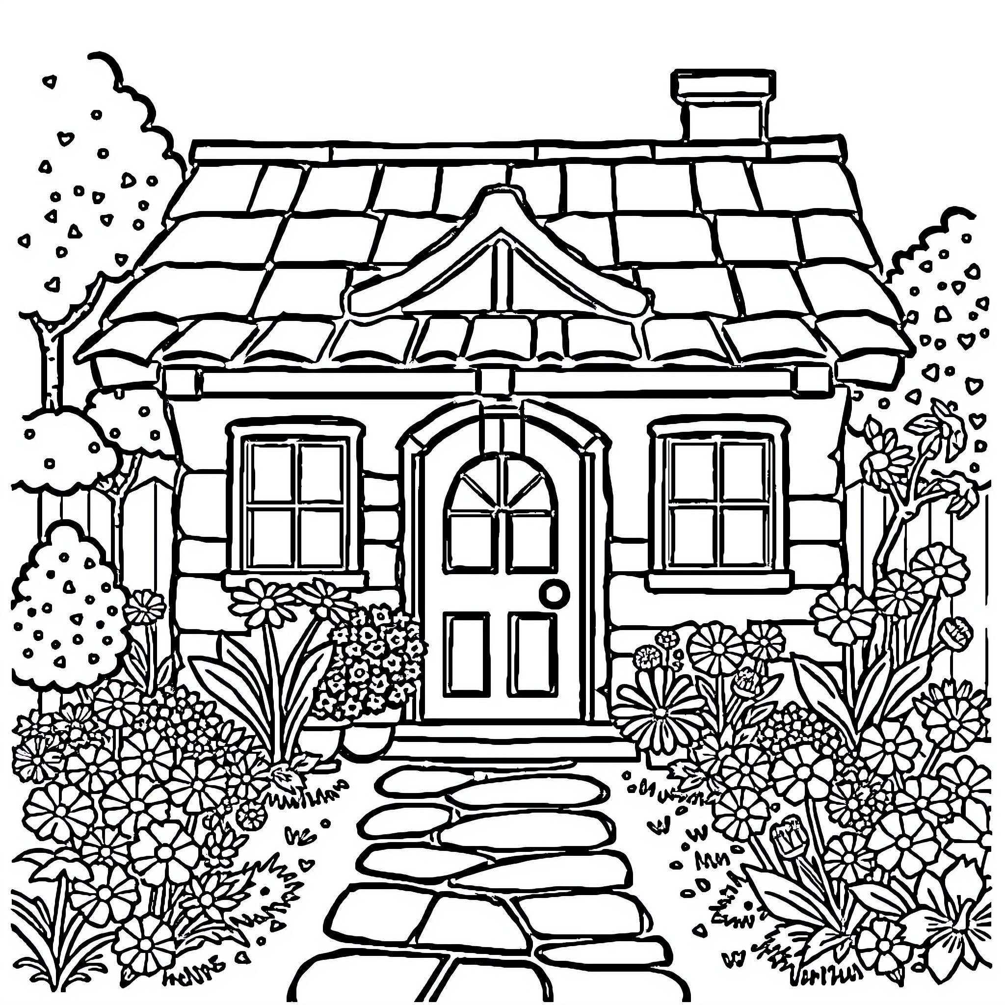 House with a Cozy Garden Entrance Coloring Page (free black-and-white line drawing printable PDF for all, from beginners to advanced learners, including children, teens, adults, and seniors)