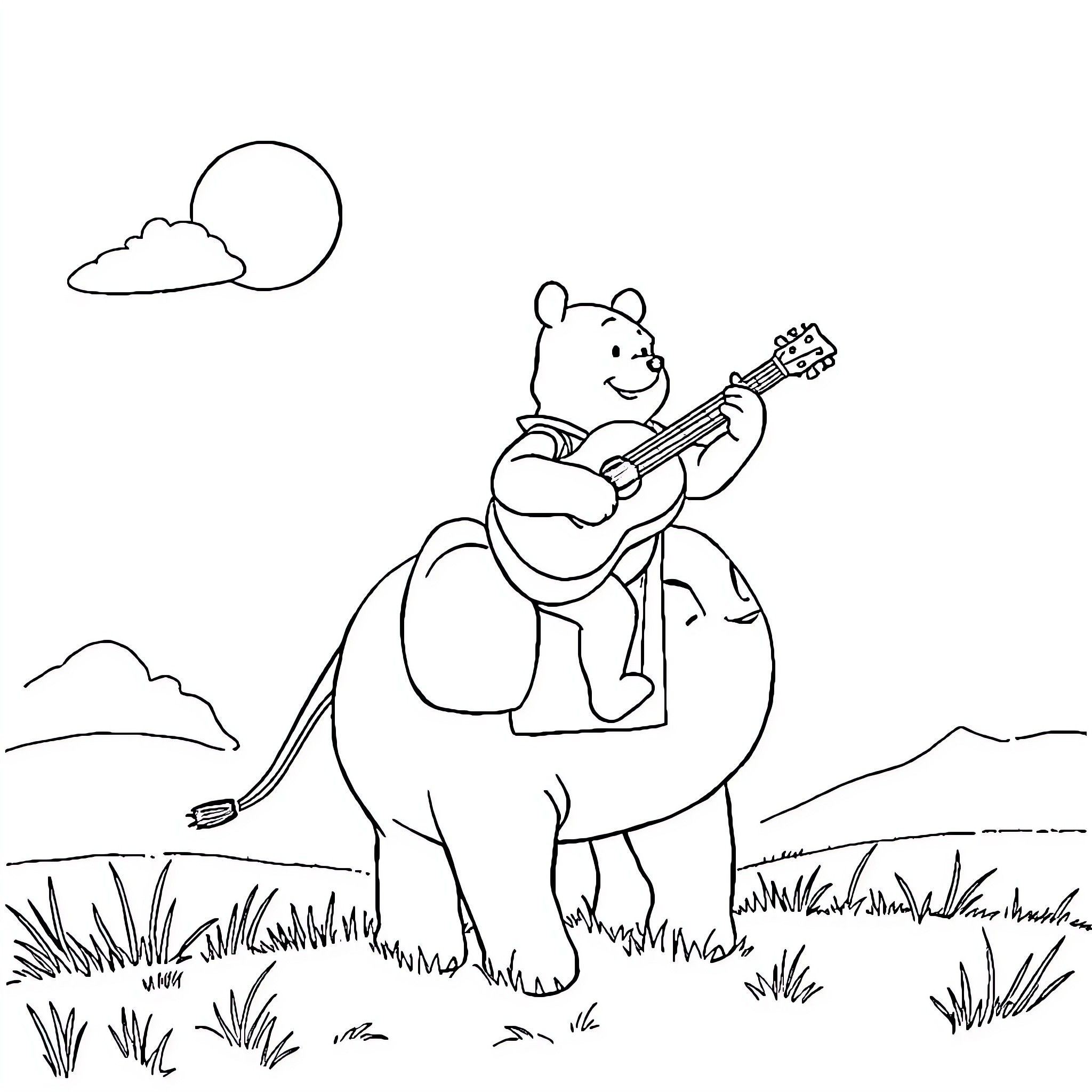 Winnie The Pooh Playing Guitar Outdoors Coloring Page (free black-and-white line drawing printable PDF for all, from beginners to advanced learners, including children, teens, adults, and seniors)