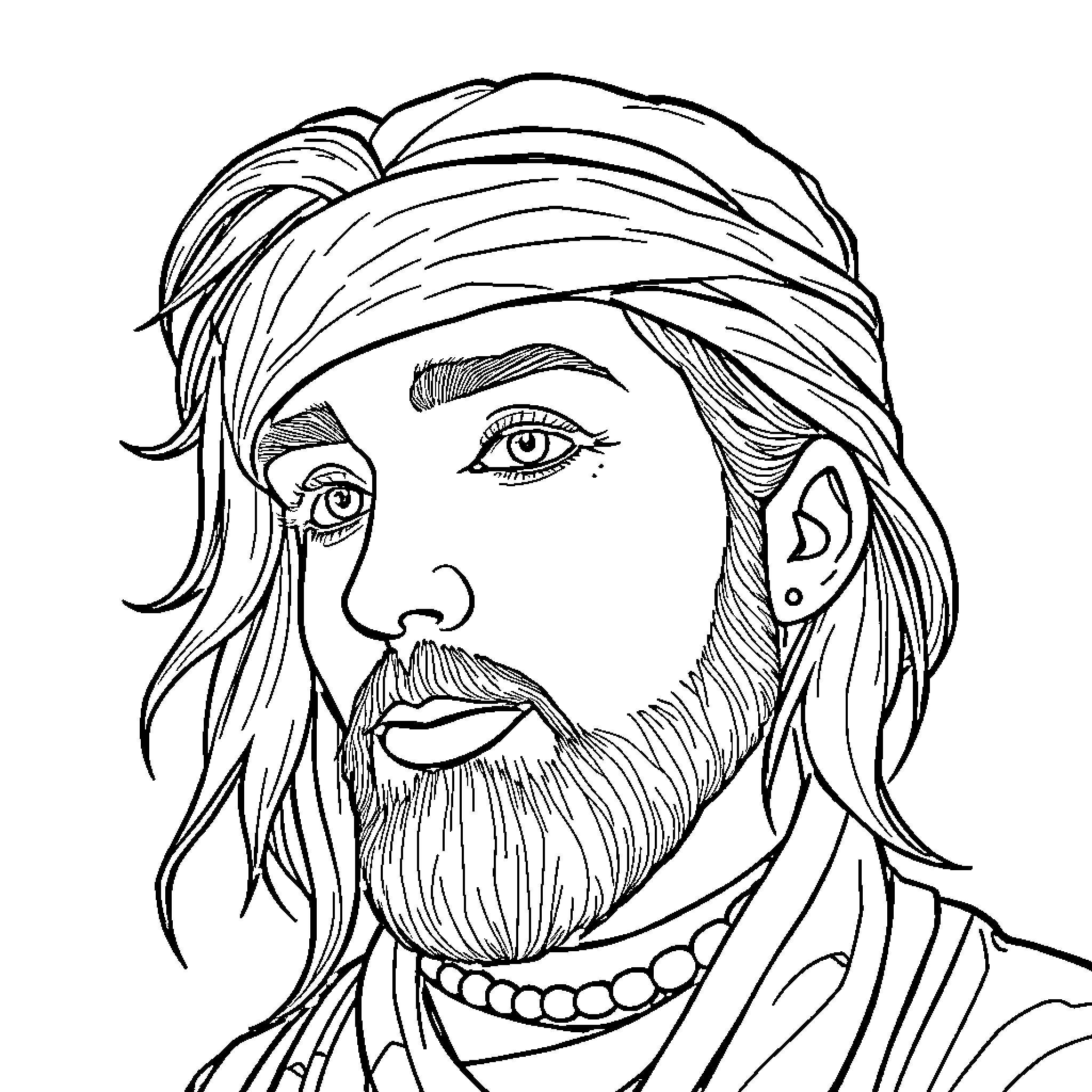 Person with long hair and beard wearing turban Coloring Page (free black-and-white line drawing printable PDF for all, from beginners to advanced learners, including children, teens, adults, and seniors)