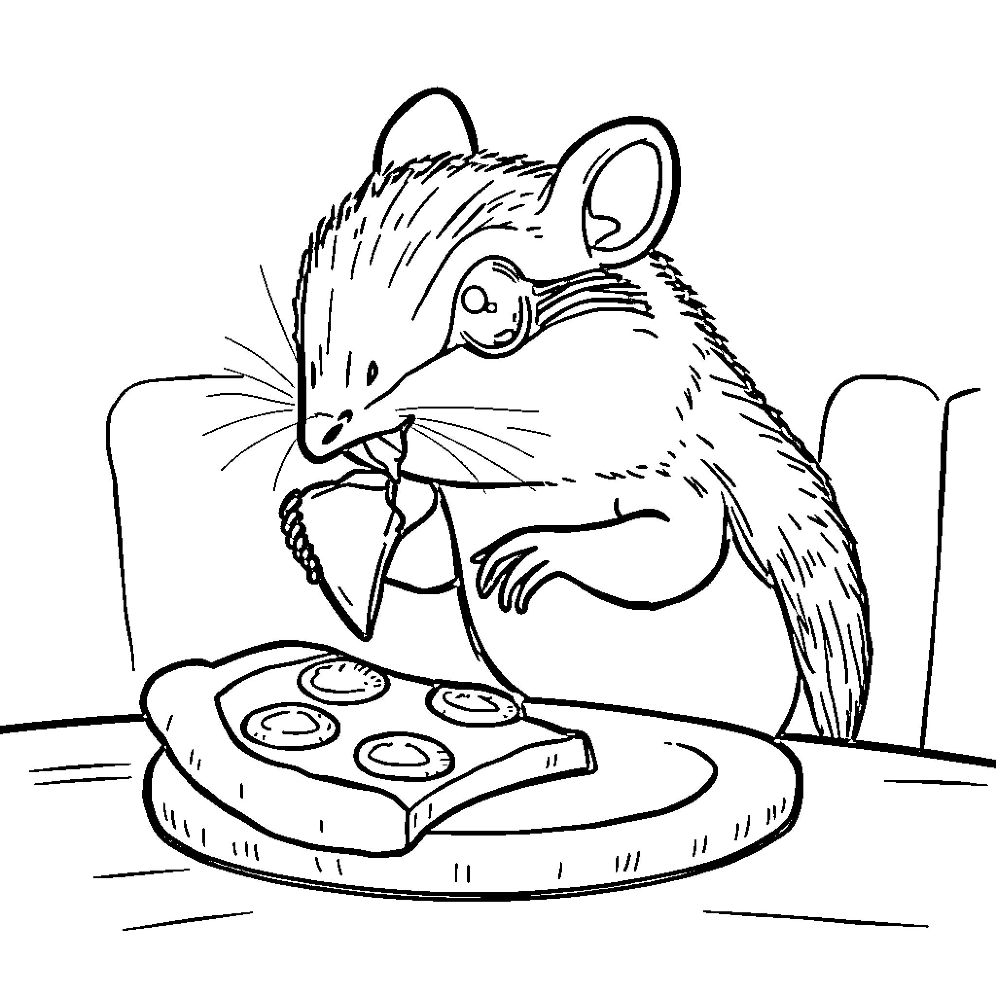 Mouse enjoying a tasty meal on a plate Coloring Page (free black-and-white line drawing printable PDF for all, from beginners to advanced learners, including children, teens, adults, and seniors)