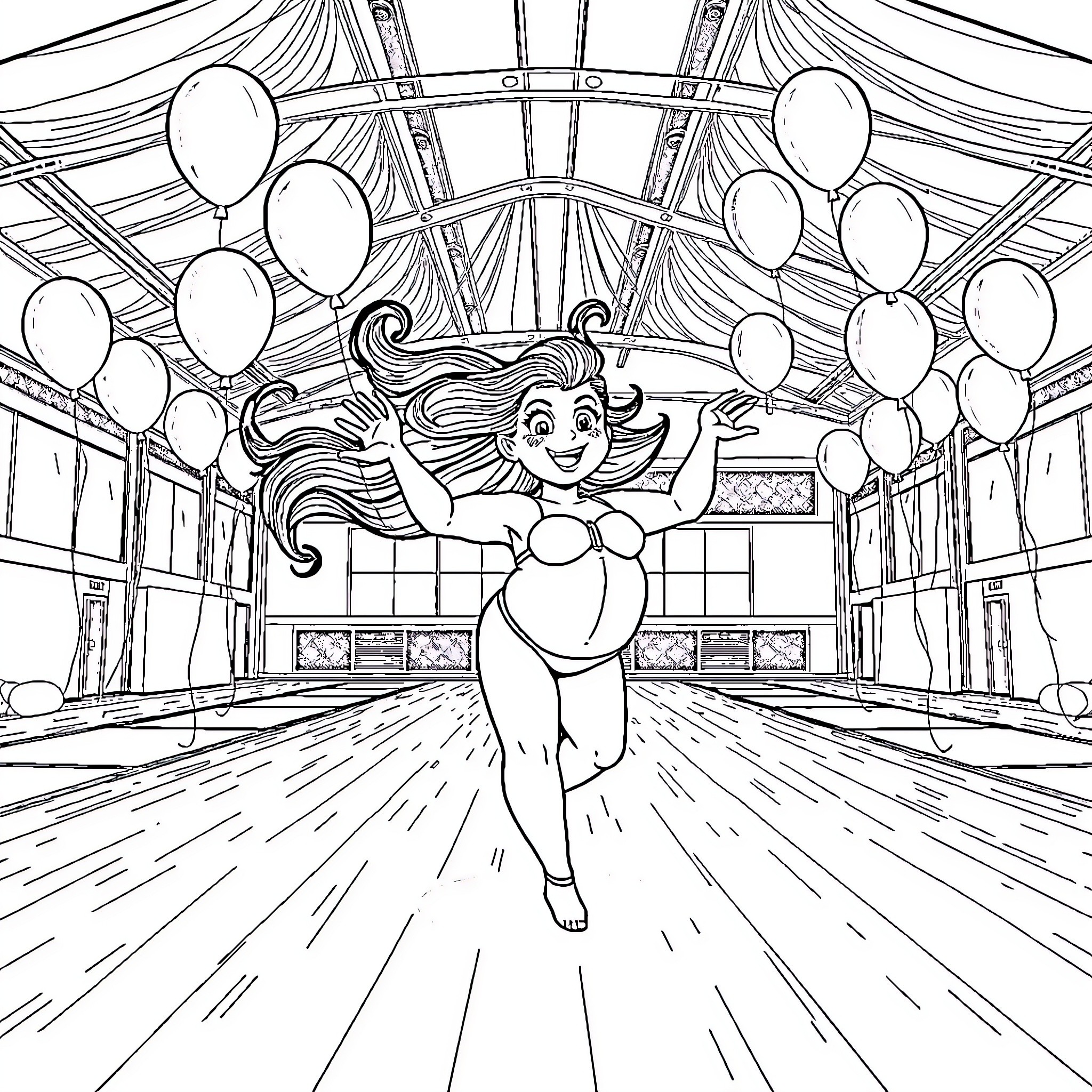 Bomba the Circus Performer's Joyful Dance Coloring Page (free black-and-white line drawing printable PDF for all, from beginners to advanced learners, including children, teens, adults, and seniors)