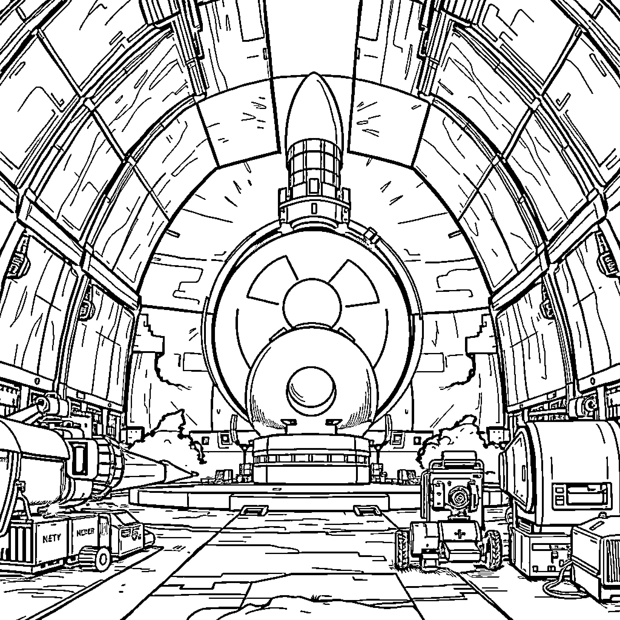 Nuclear Bomb Facility Preparation for Launch Coloring Page (free black-and-white line drawing printable PDF for all, from beginners to advanced learners, including children, teens, adults, and seniors)