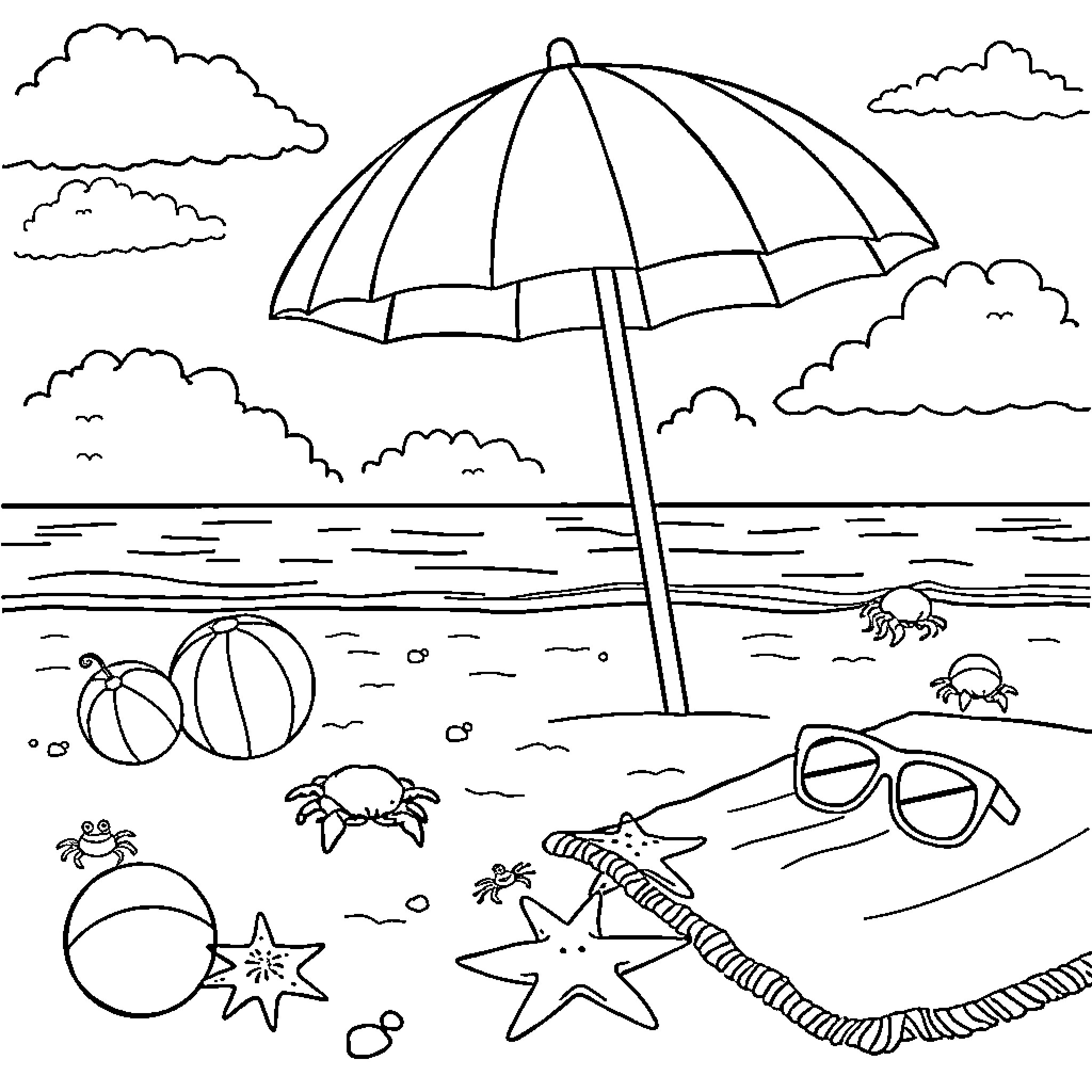 Beach scene with umbrella, toys, and wildlife Coloring Page (free black-and-white line drawing printable PDF for all, from beginners to advanced learners, including children, teens, adults, and seniors)