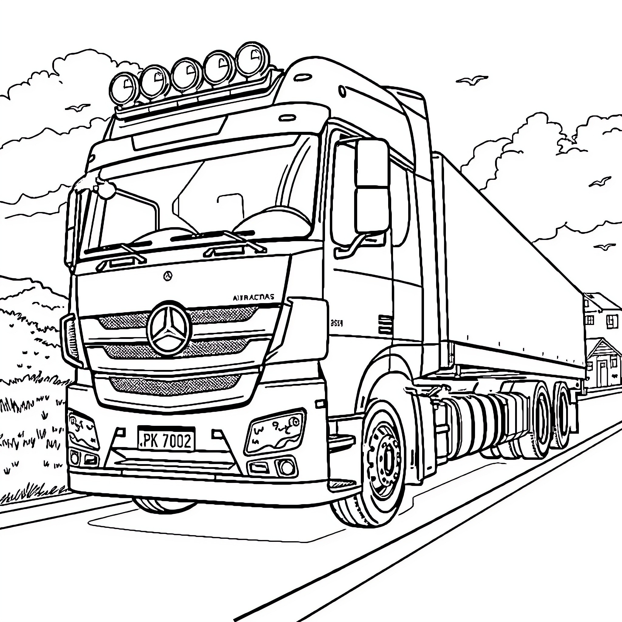 Mercedes Actros Tractor Trailer on the Road Coloring Page (free black-and-white line drawing printable PDF for all, from beginners to advanced learners, including children, teens, adults, and seniors)