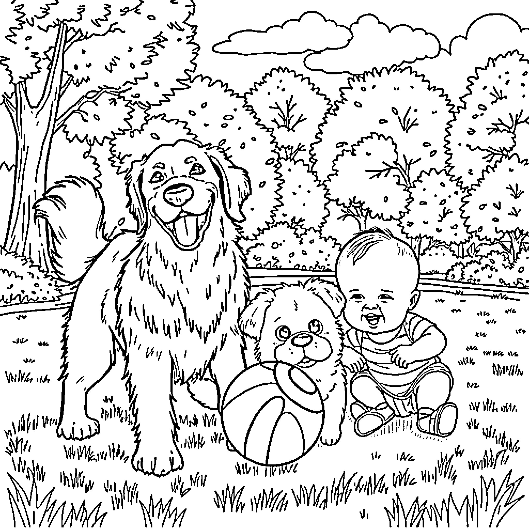 Dog and child playing with toys in the park Coloring Page (free black-and-white line drawing printable PDF for all, from beginners to advanced learners, including children, teens, adults, and seniors)