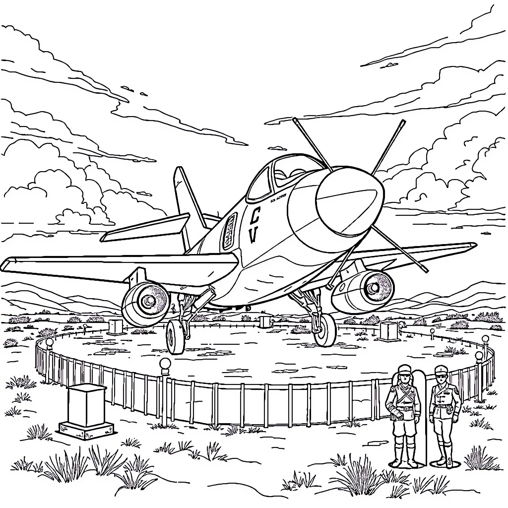 Avión realizando exhibición aérea en pista Coloring Page (free black-and-white line drawing printable PDF for all, from beginners to advanced learners, including children, teens, adults, and seniors)
