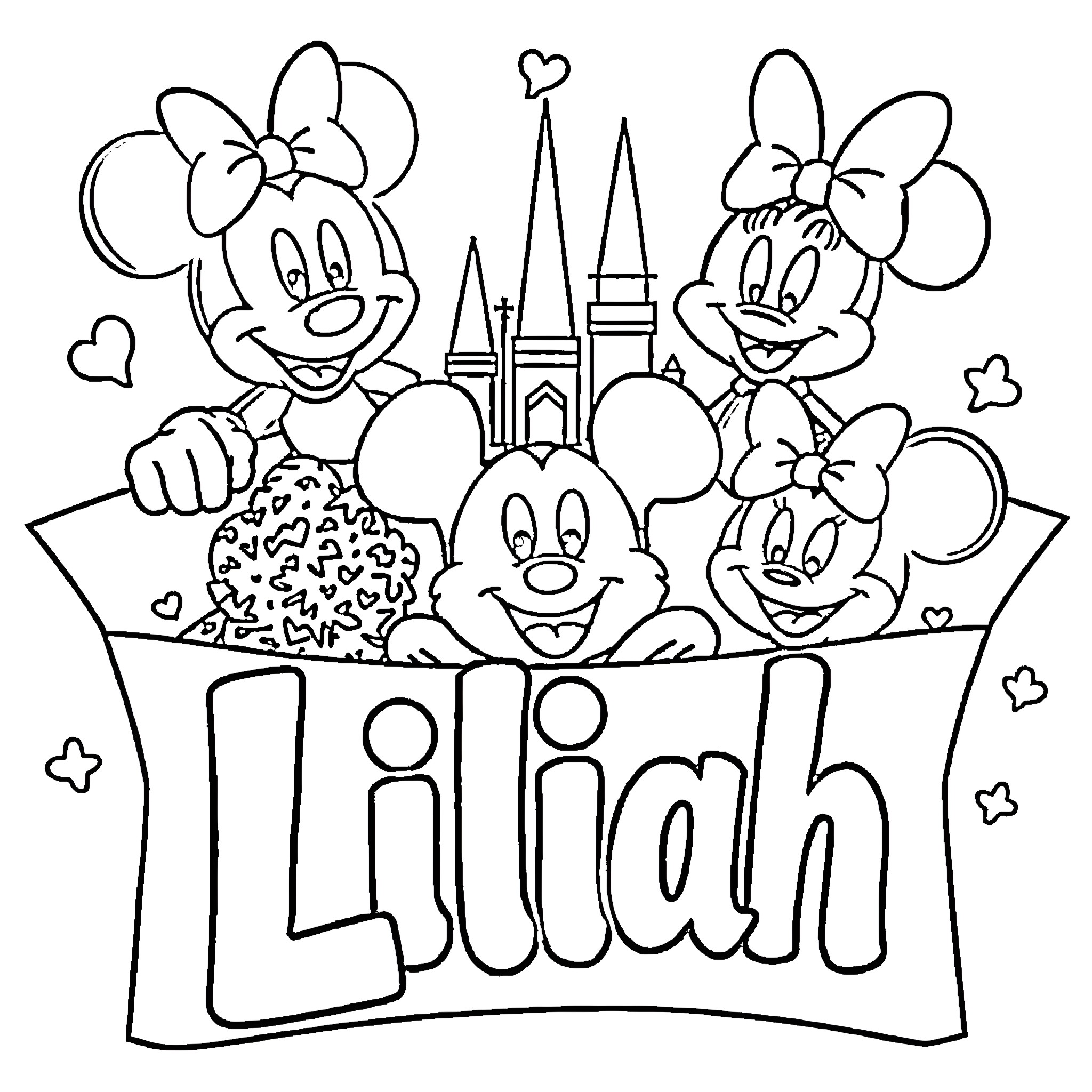 Lilah's Fun at the Disney Castle Coloring Page (free black-and-white line drawing printable PDF for all, from beginners to advanced learners, including children, teens, adults, and seniors)