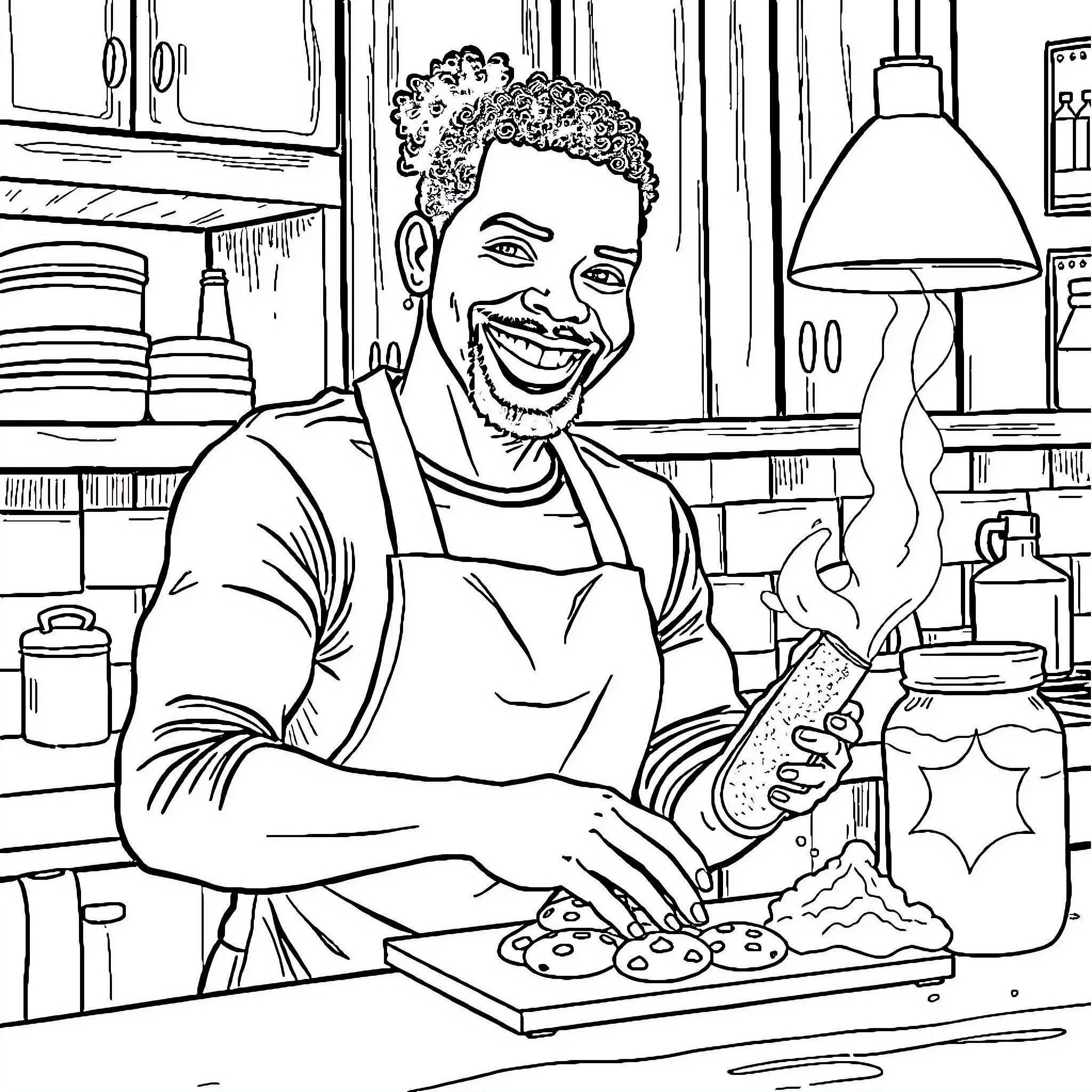 Shemar Moore cooking up a storm in the kitchen Coloring Page (free black-and-white line drawing printable PDF for all, from beginners to advanced learners, including children, teens, adults, and seniors)