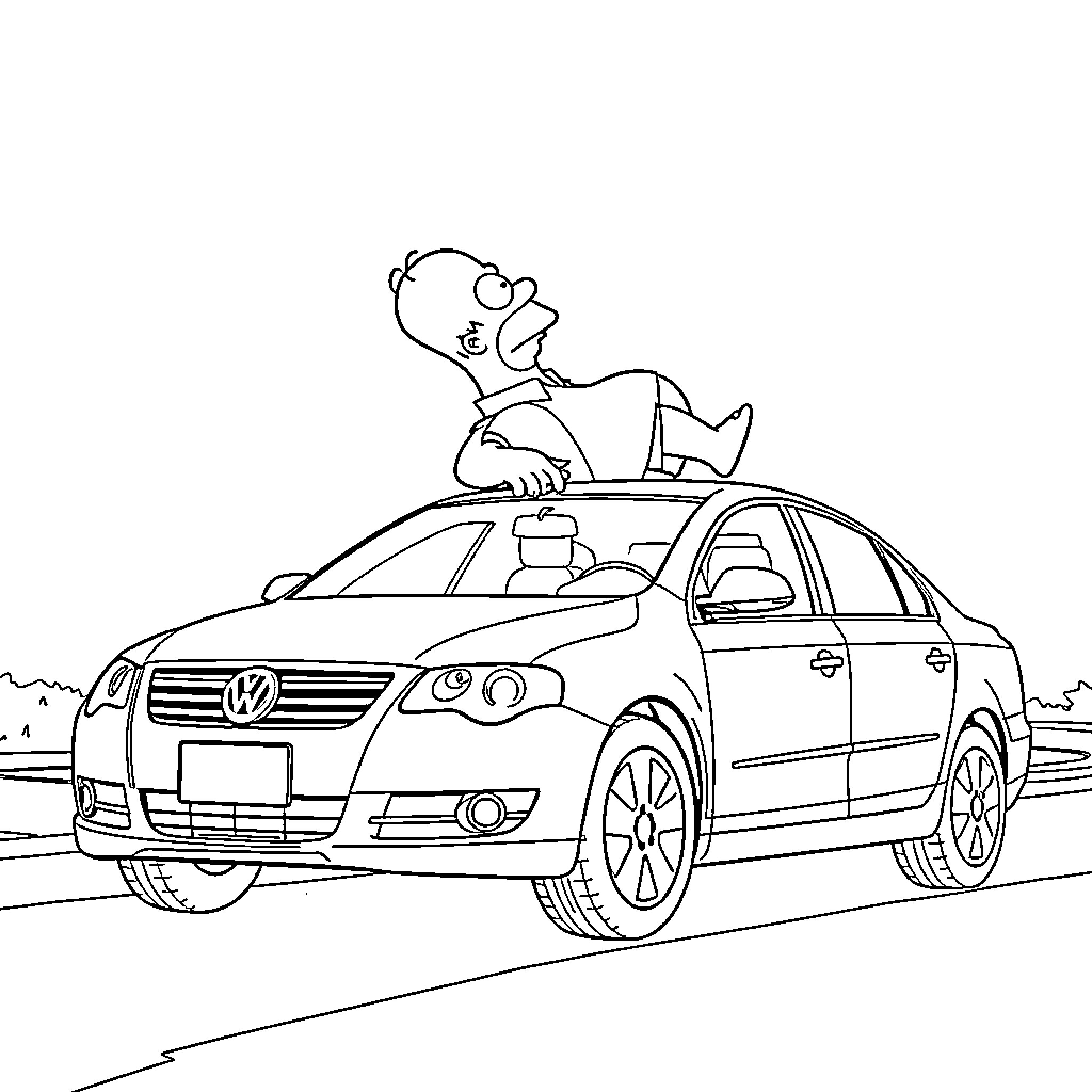 Homer Simpson riding a car on the highway Coloring Page (free black-and-white line drawing printable PDF for all, from beginners to advanced learners, including children, teens, adults, and seniors)