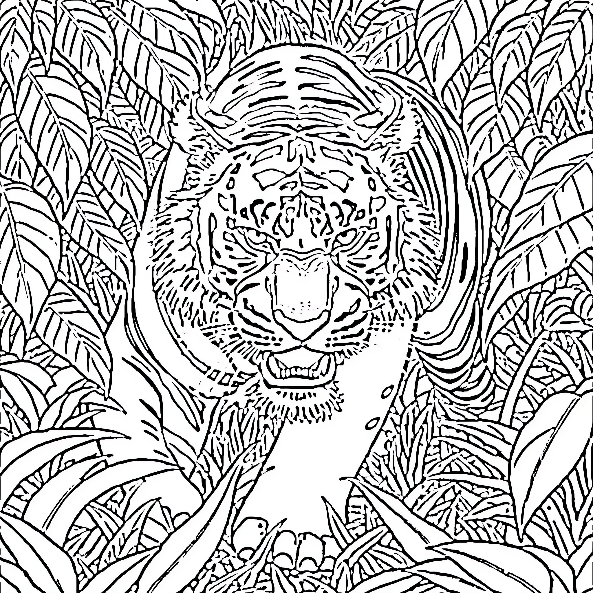 Tiger Emerging from Lush Jungle Foliage Coloring Page (free black-and-white line drawing printable PDF for all, from beginners to advanced learners, including children, teens, adults, and seniors)