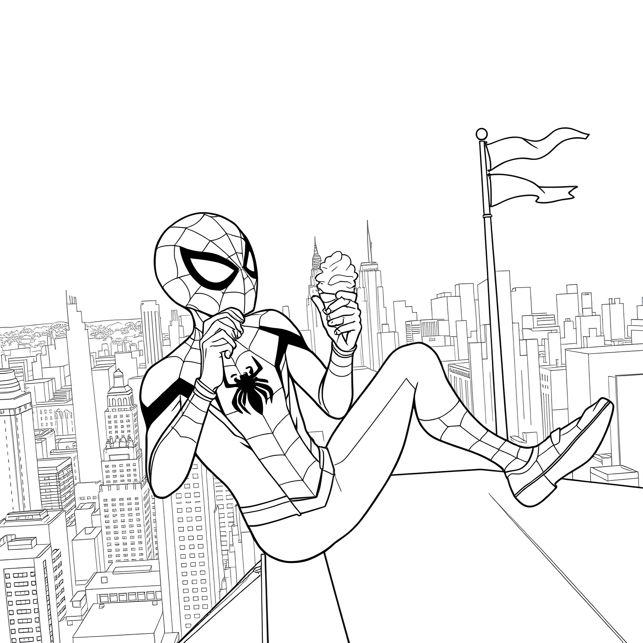 Spiderman resting on skyscraper with cityscape Coloring Page (free black-and-white line drawing printable PDF for all, from beginners to advanced learners, including children, teens, adults, and seniors)