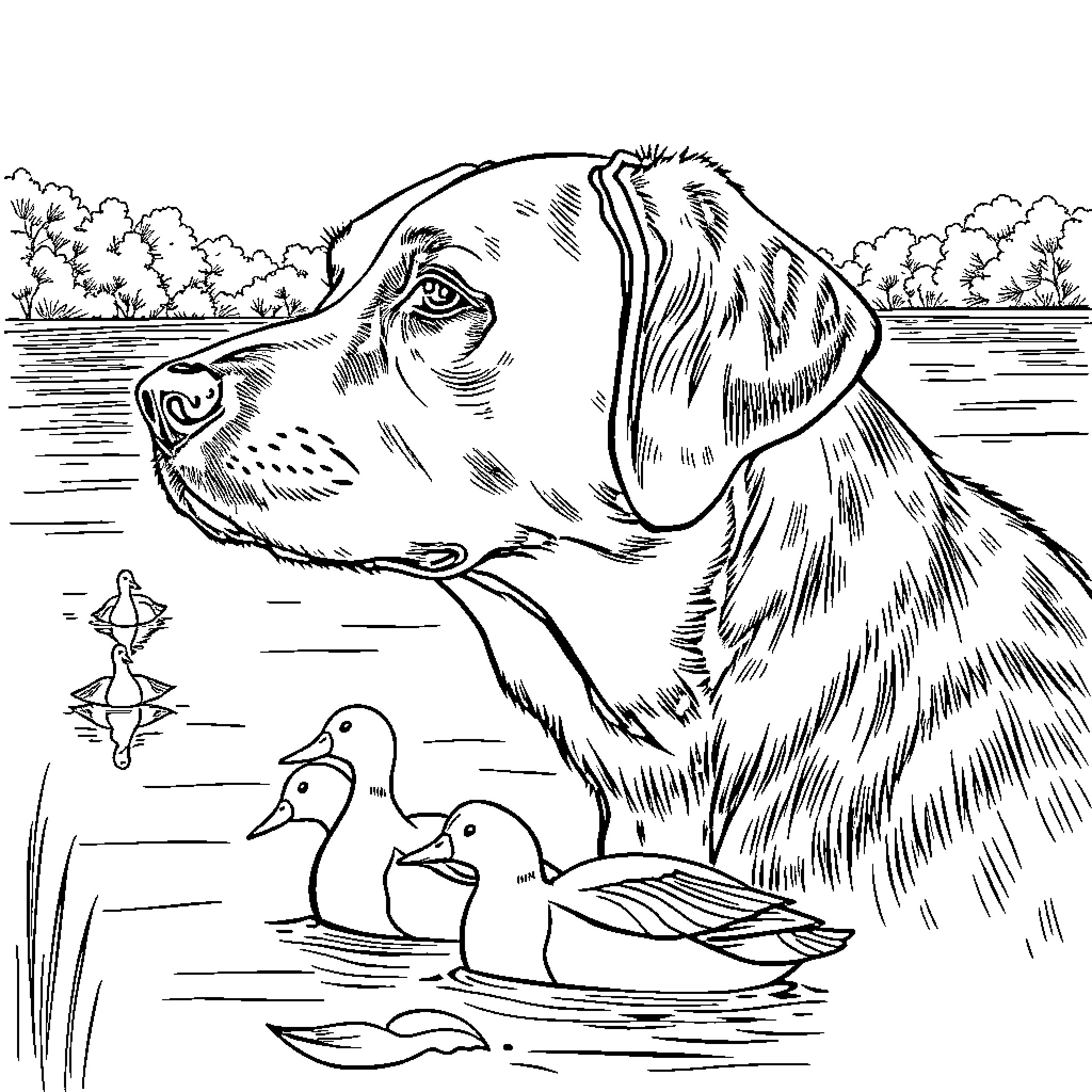 Labrador Retriever observing ducks in the pond Coloring Page (free black-and-white line drawing printable PDF for all, from beginners to advanced learners, including children, teens, adults, and seniors)