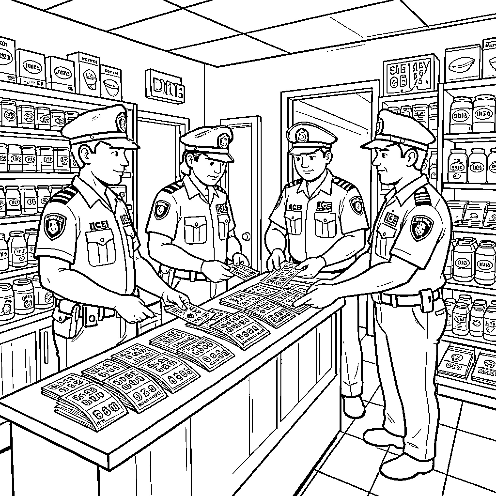 Ice Agent Officers Performing Duty in Store Coloring Page (free black-and-white line drawing printable PDF for all, from beginners to advanced learners, including children, teens, adults, and seniors)