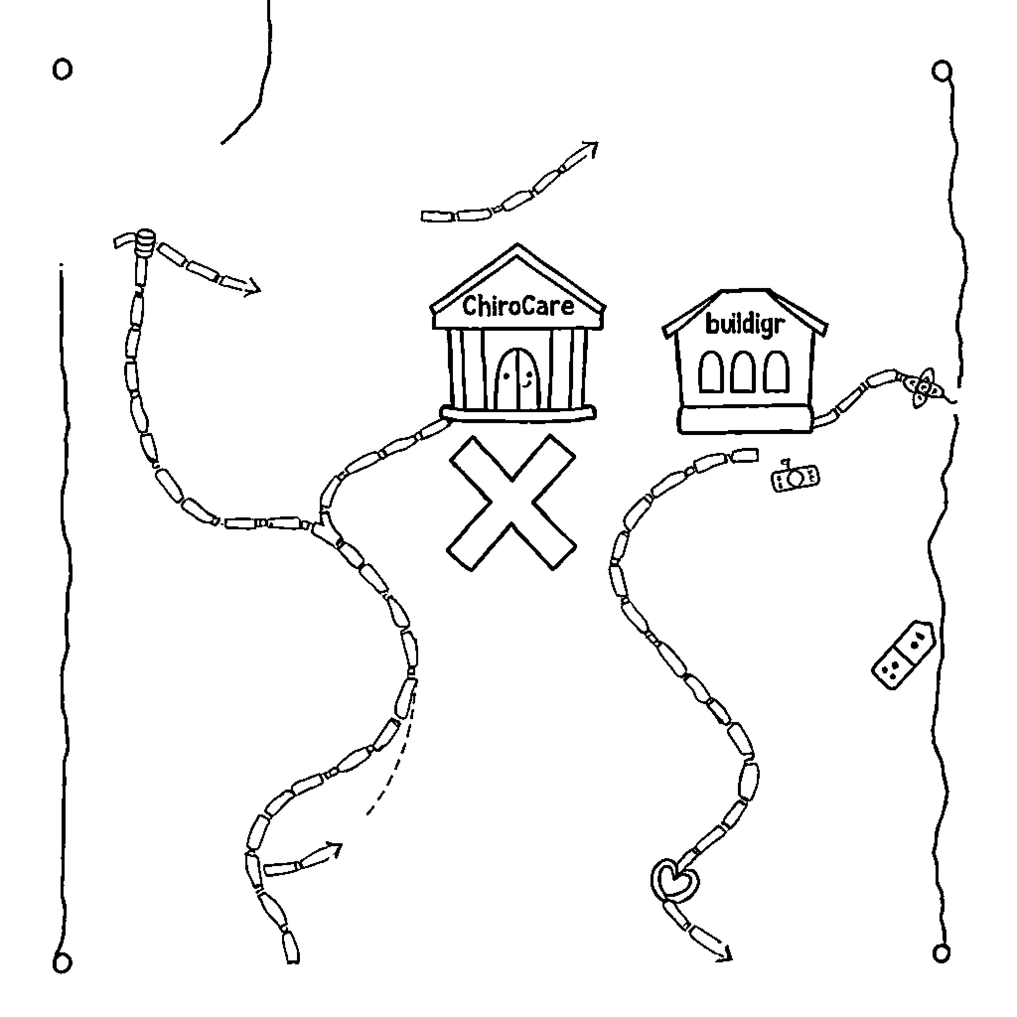 Treasure Map of Chirocare and Buildings Coloring Page (free black-and-white line drawing printable PDF for all, from beginners to advanced learners, including children, teens, adults, and seniors)