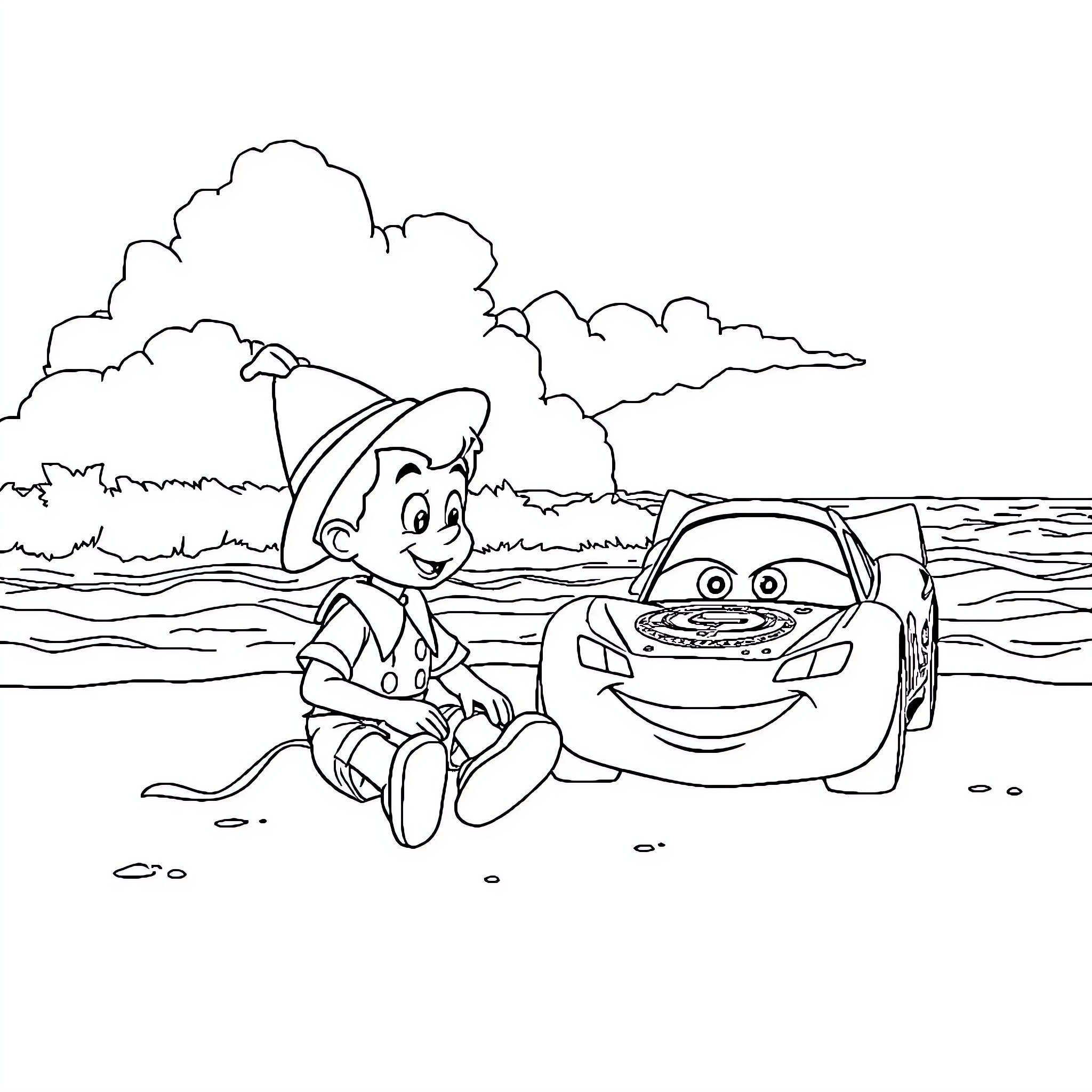 Pinocchio and his Animated Car Companion Coloring Page (free black-and-white line drawing printable PDF for all, from beginners to advanced learners, including children, teens, adults, and seniors)