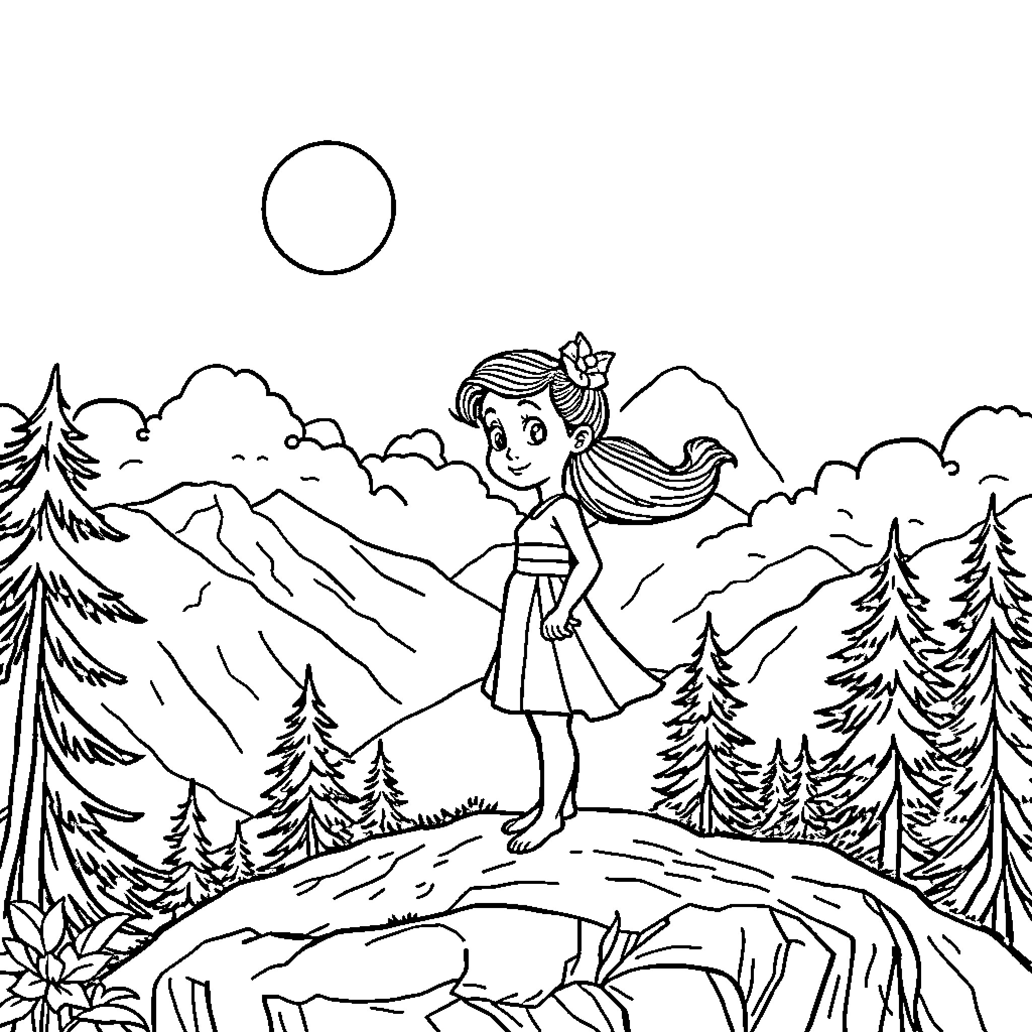Lilo exploring the enchanting mountain landscape Coloring Page (free black-and-white line drawing printable PDF for all, from beginners to advanced learners, including children, teens, adults, and seniors)