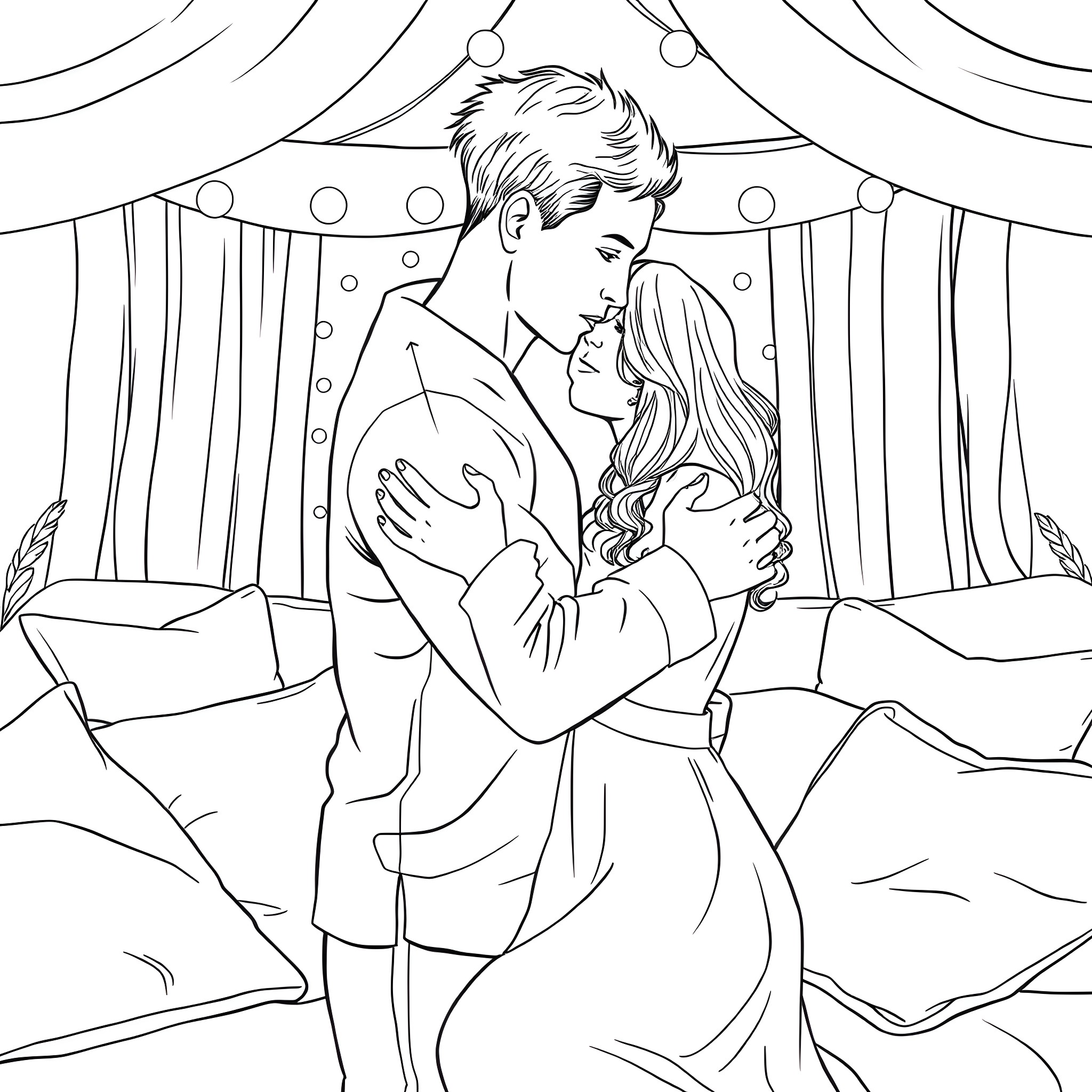 Woman and man embracing intimately on bed Coloring Page (free black-and-white line drawing printable PDF for all, from beginners to advanced learners, including children, teens, adults, and seniors)