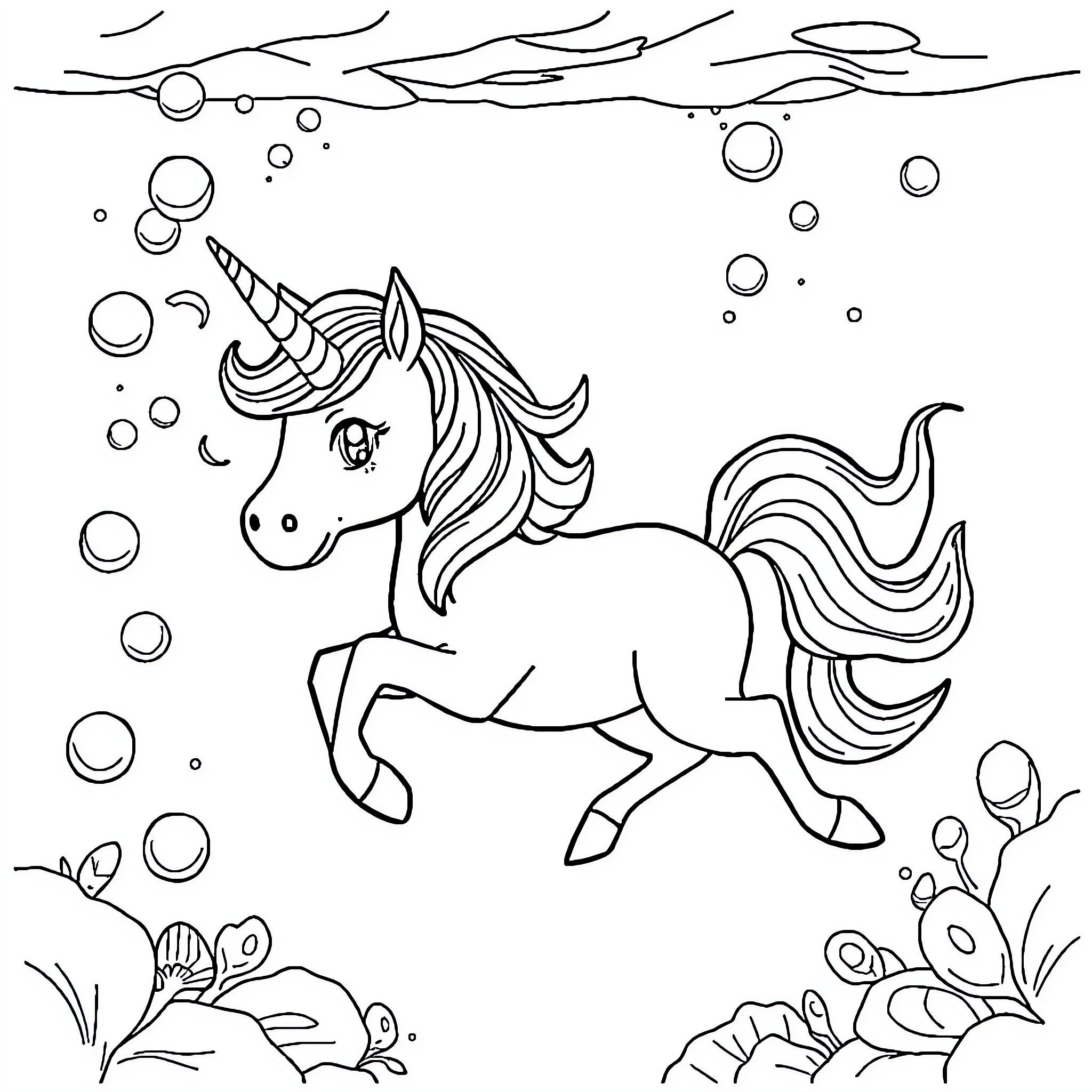 Unicorn swimming in the underwater fantasy world Coloring Page (free black-and-white line drawing printable PDF for all, from beginners to advanced learners, including children, teens, adults, and seniors)