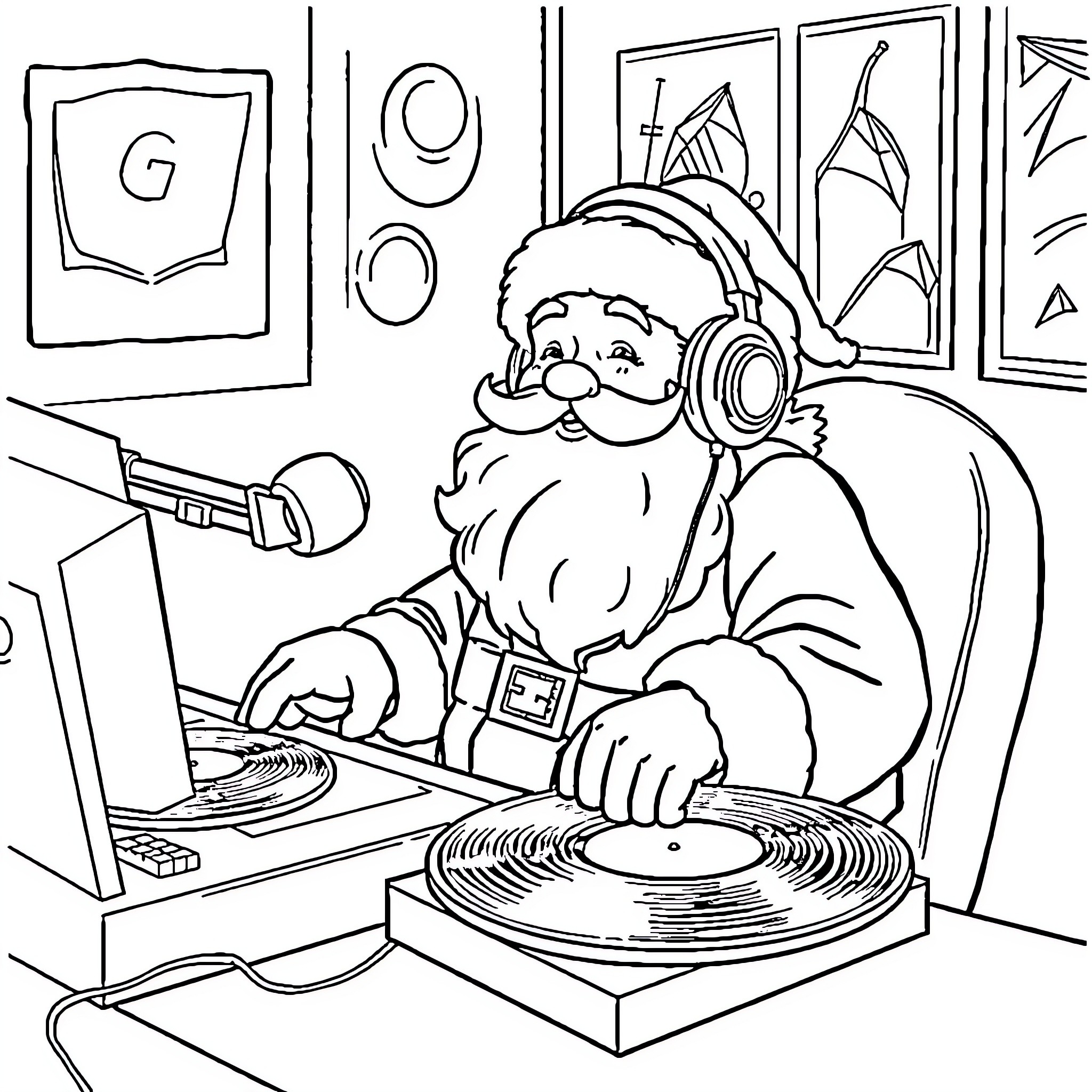 Santa Claus Enjoying Music with Headphones Coloring Page (free black-and-white line drawing printable PDF for all, from beginners to advanced learners, including children, teens, adults, and seniors)