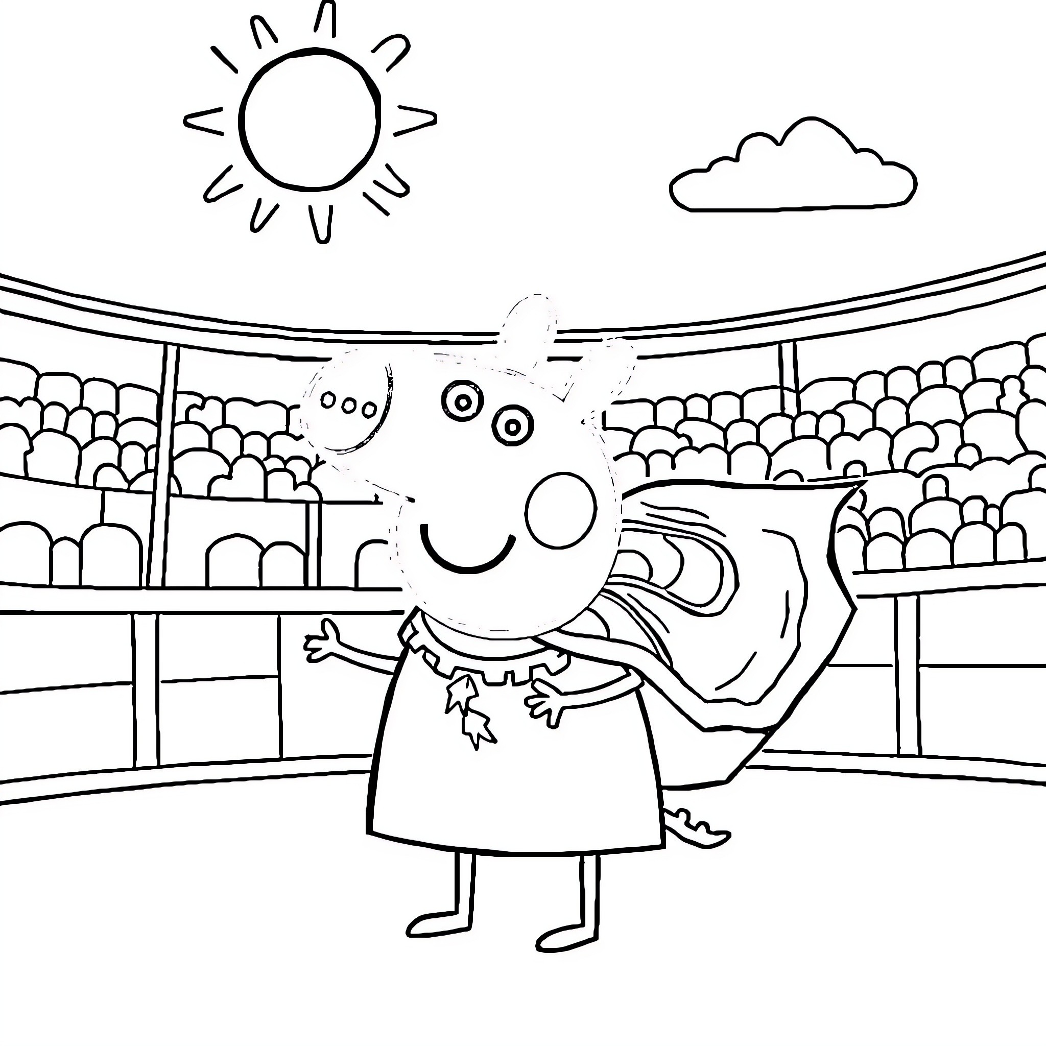 Peppa Pig enjoying a day at the stadium Coloring Page (free black-and-white line drawing printable PDF for all, from beginners to advanced learners, including children, teens, adults, and seniors)