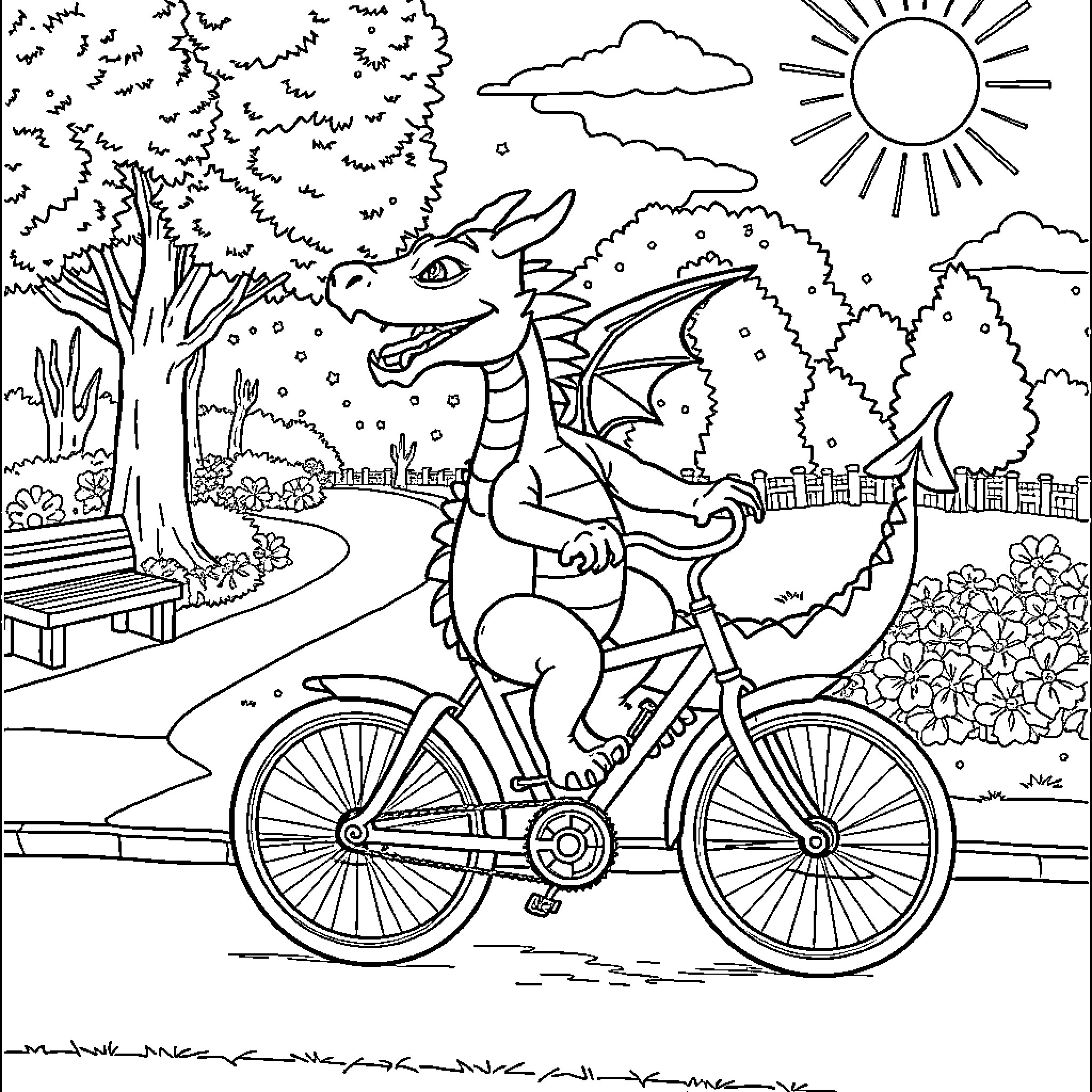 Dragon Riding Bicycle Through Scenic Landscape Coloring Page (free black-and-white line drawing printable PDF for all, from beginners to advanced learners, including children, teens, adults, and seniors)