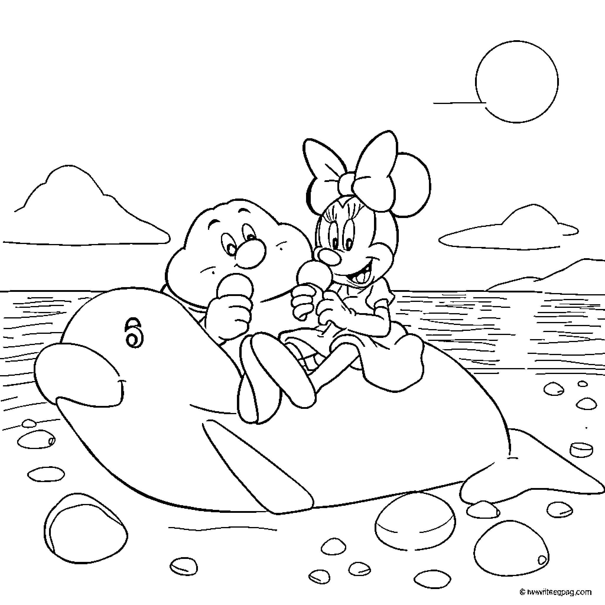 Barbapapa playing with Minnie Mouse on the beach Coloring Page (free black-and-white line drawing printable PDF for all, from beginners to advanced learners, including children, teens, adults, and seniors)