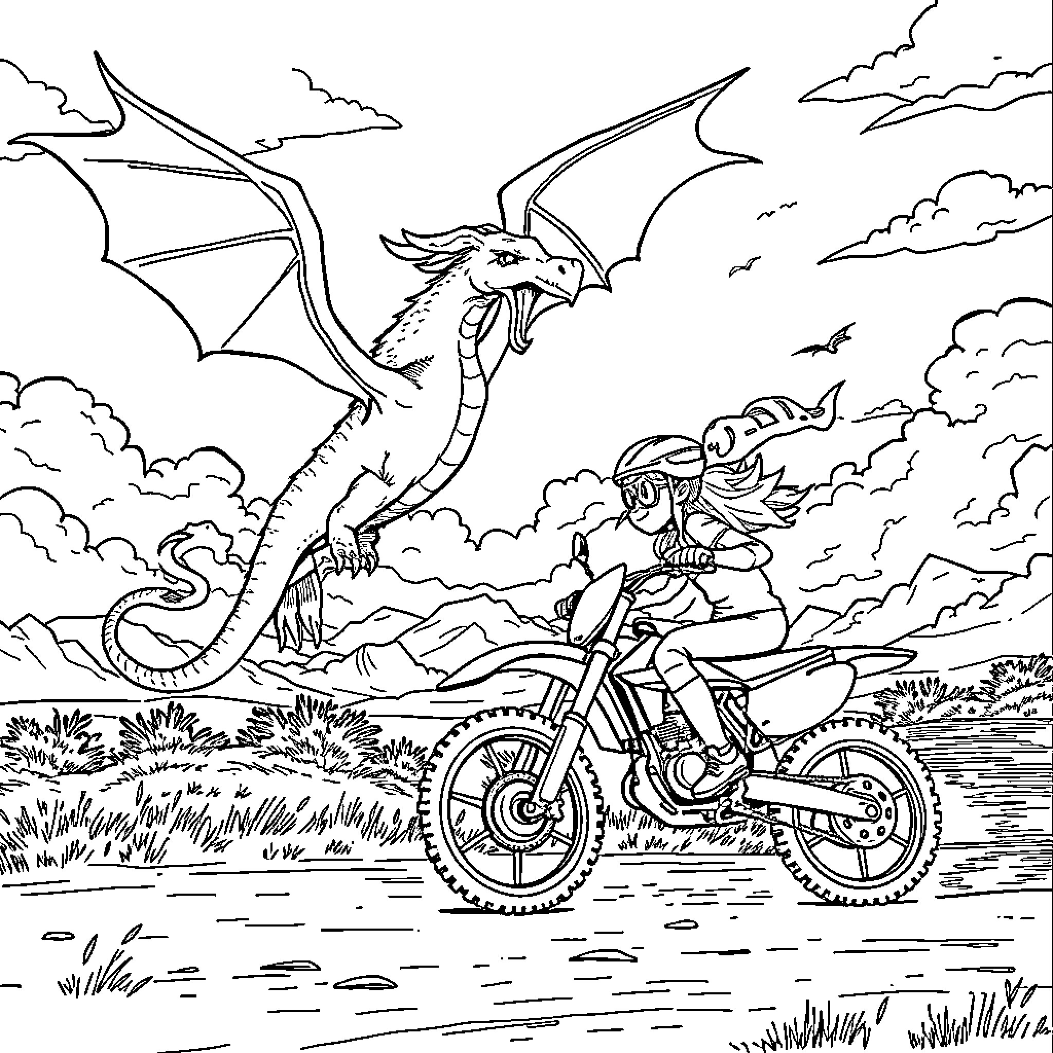 Dragon chasing a rider on a motorcycle through the clouds Coloring Page (free black-and-white line drawing printable PDF for all, from beginners to advanced learners, including children, teens, adults, and seniors)