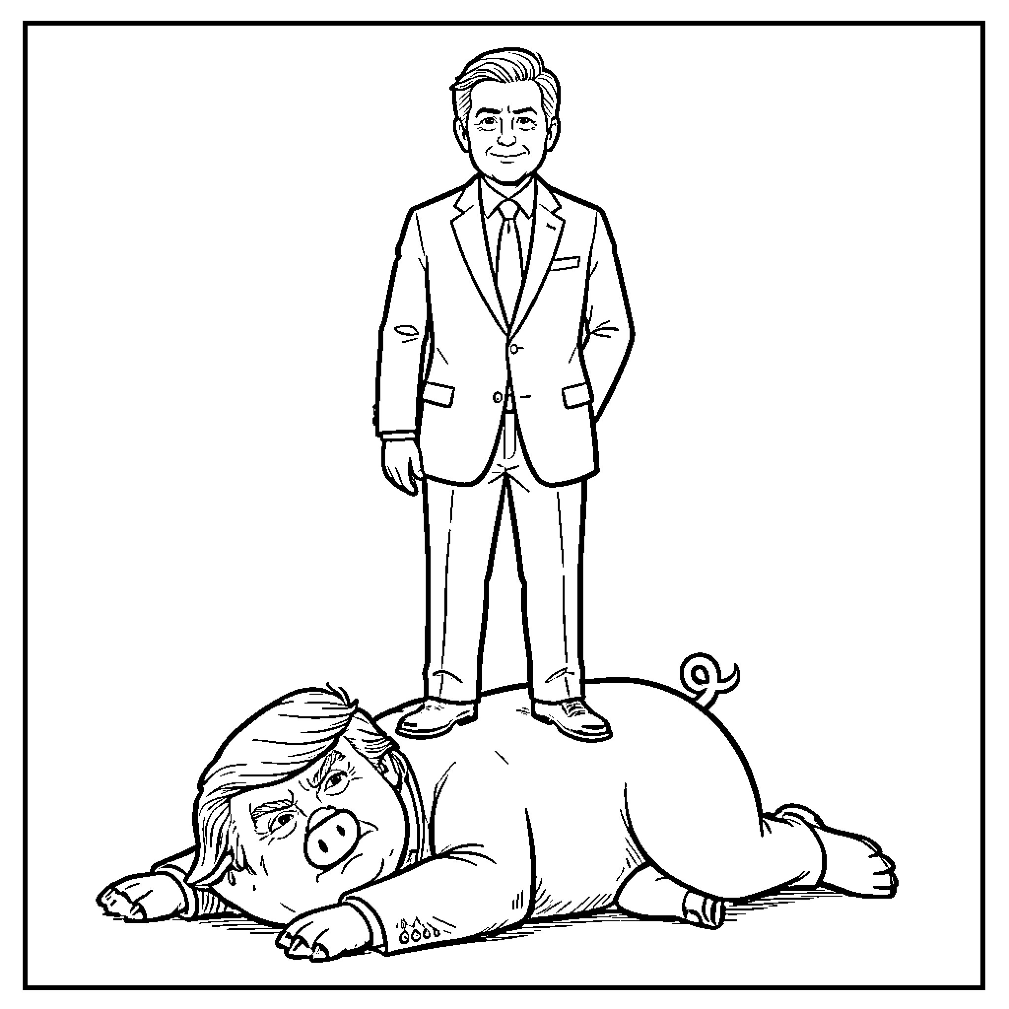 Mark Carney standing atop a large pig Coloring Page (free black-and-white line drawing printable PDF for all, from beginners to advanced learners, including children, teens, adults, and seniors)