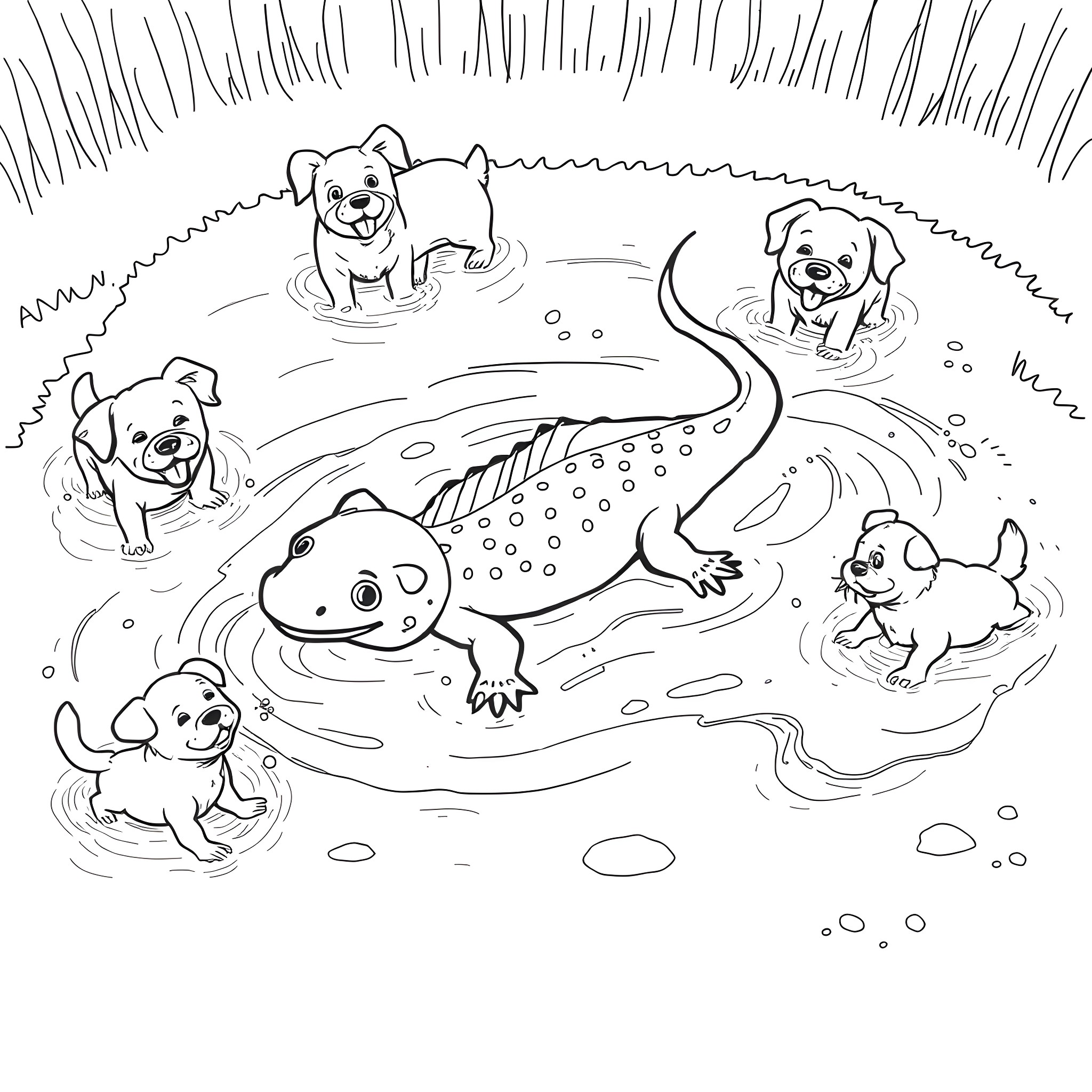 Axolotl and dogs playing in the water Coloring Page (free black-and-white line drawing printable PDF for all, from beginners to advanced learners, including children, teens, adults, and seniors)