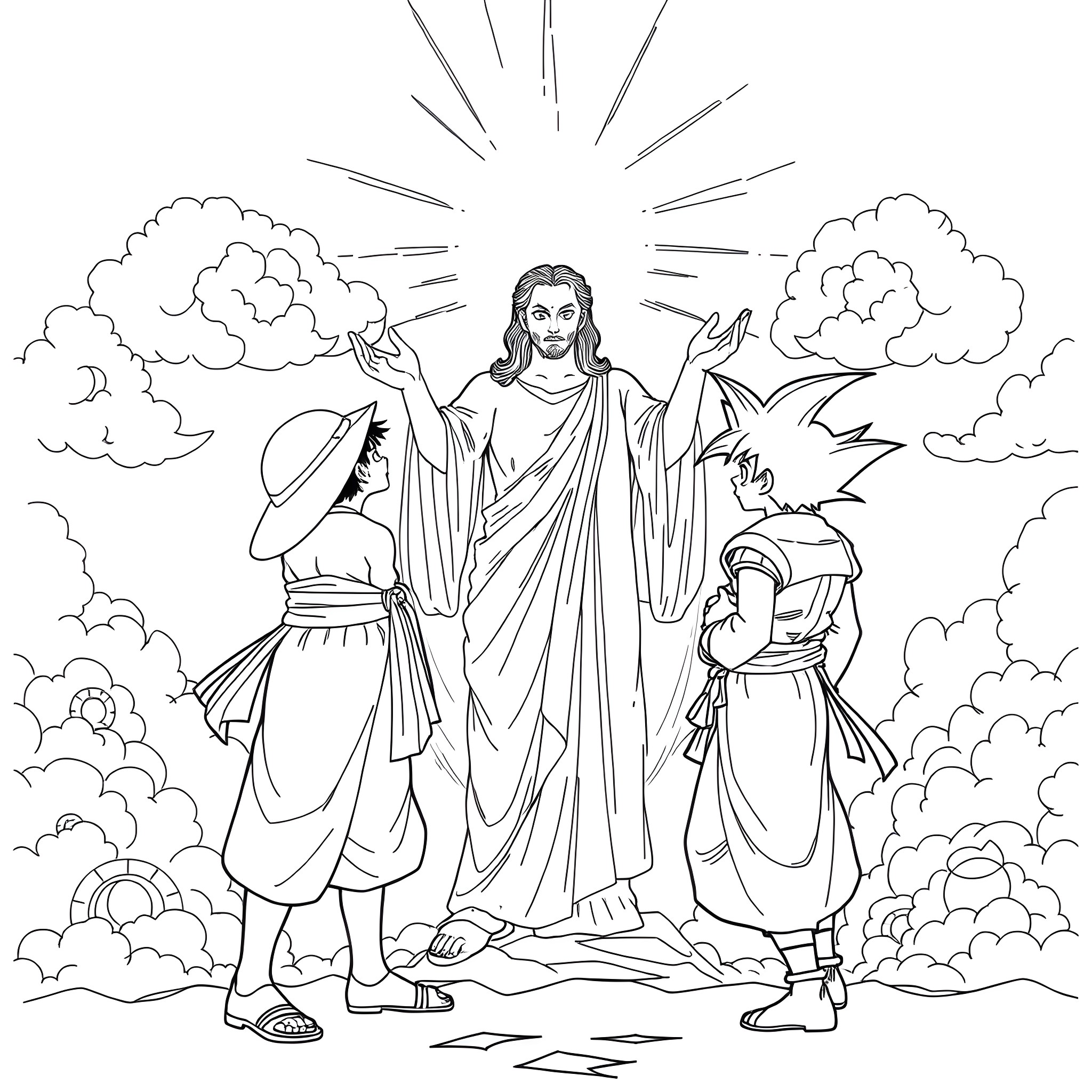 Luffy Encountering the Resurrected Jesus in the Clouds Coloring Page (free black-and-white line drawing printable PDF for all, from beginners to advanced learners, including children, teens, adults, and seniors)