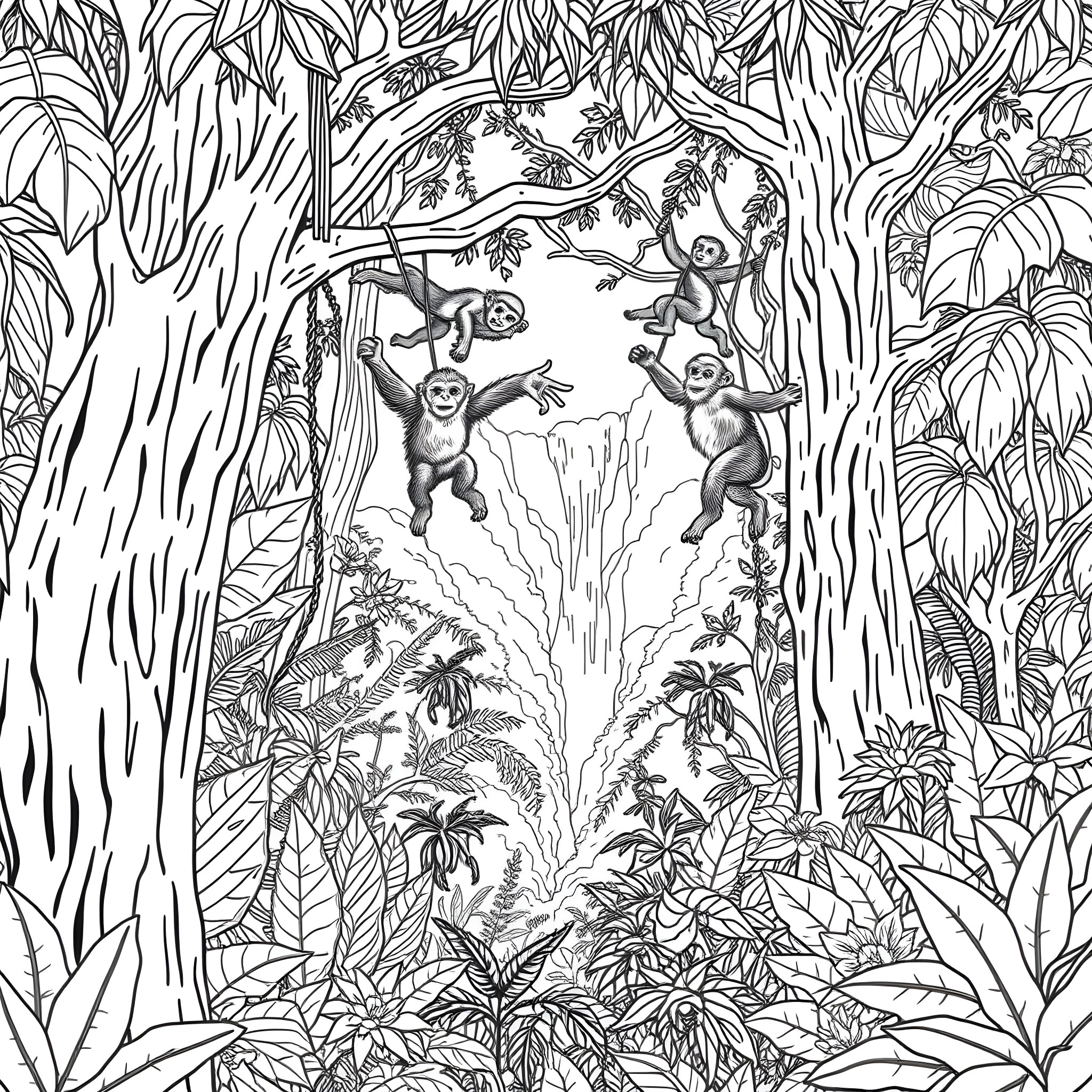 Ape Playing in the Lush Jungle Coloring Page (free black-and-white line drawing printable PDF for all, from beginners to advanced learners, including children, teens, adults, and seniors)