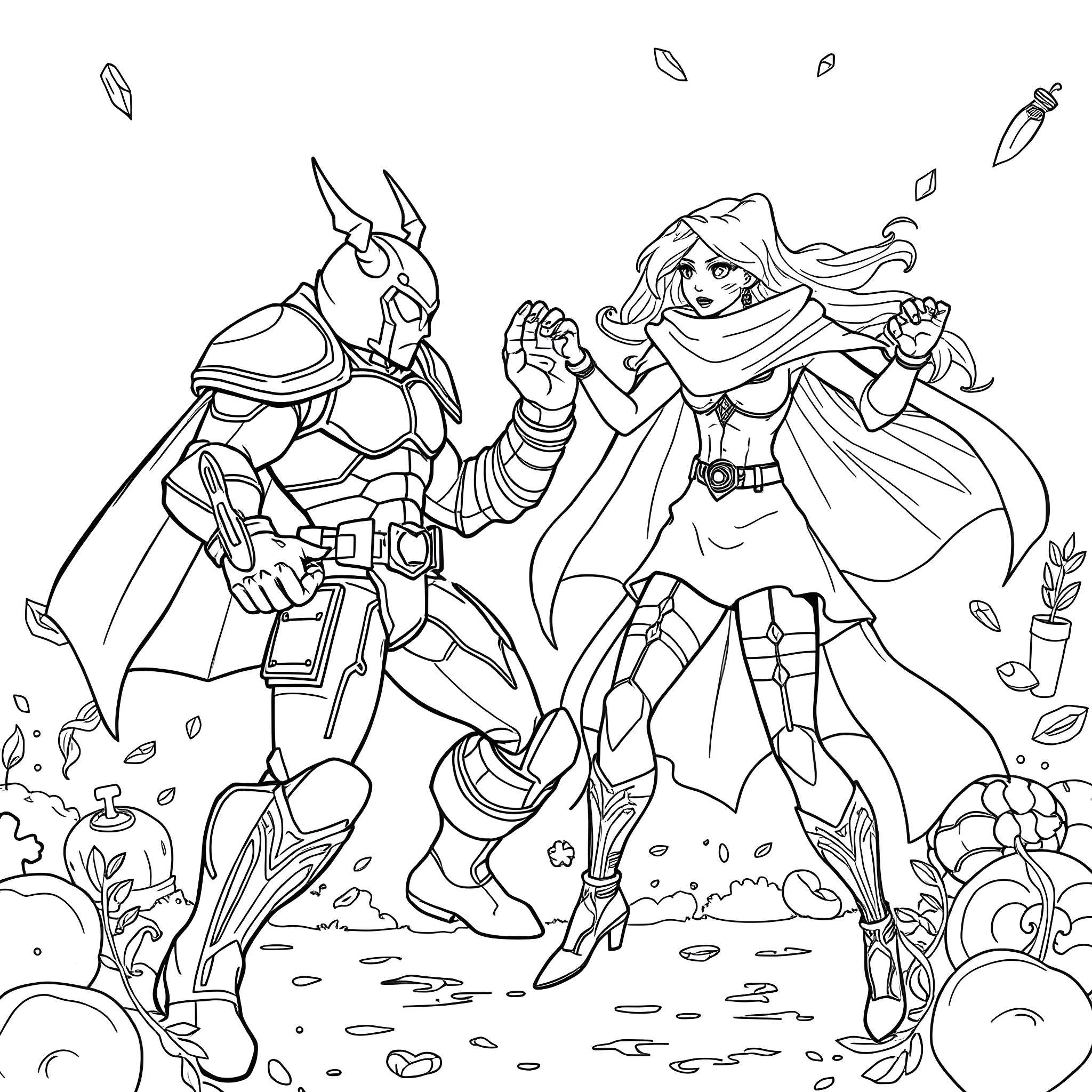 Superhero Duo in Epic Battle Coloring Page (free black-and-white line drawing printable PDF for all, from beginners to advanced learners, including children, teens, adults, and seniors)