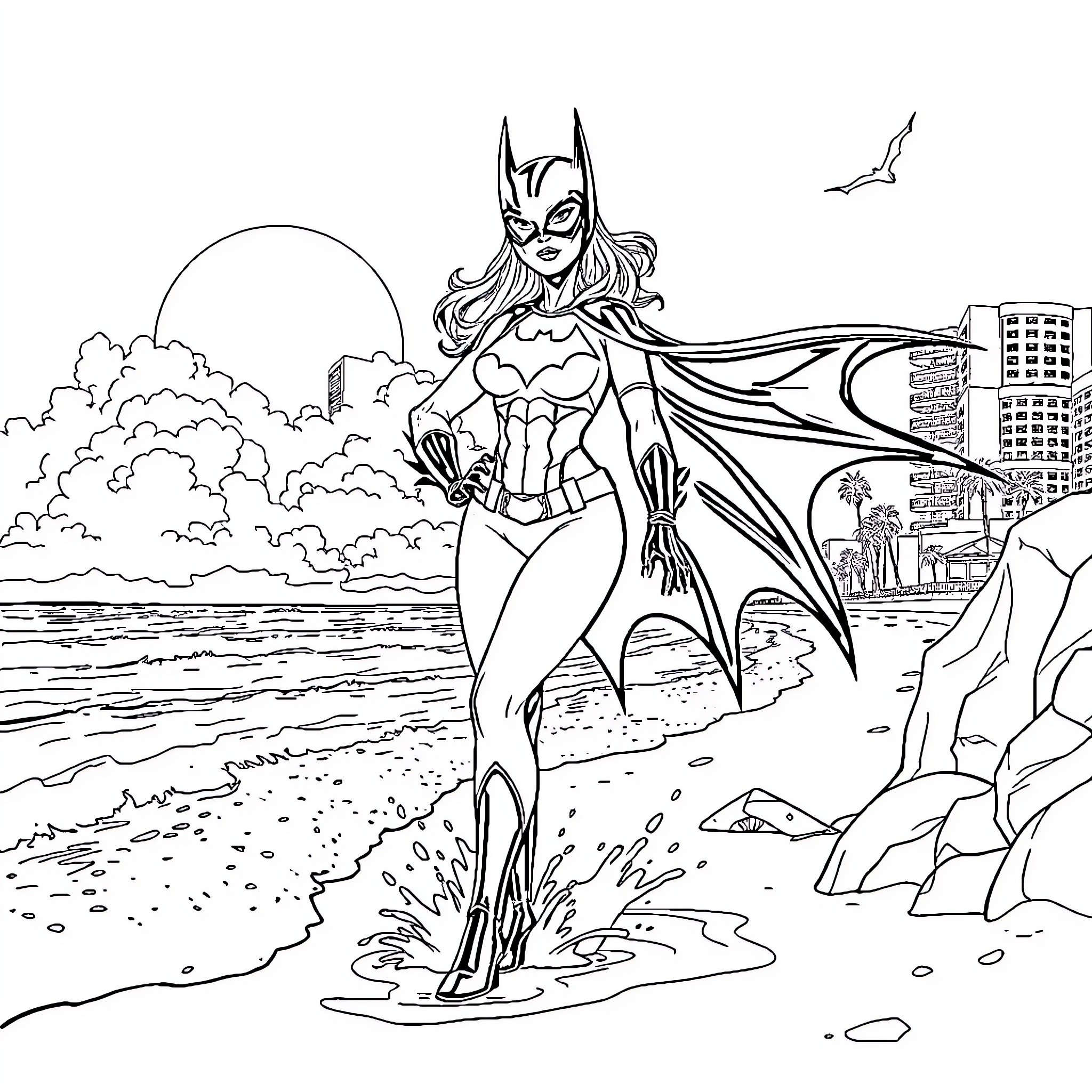 Batgirl Battling Beachside Foes Coloring Page (free black-and-white line drawing printable PDF for all, from beginners to advanced learners, including children, teens, adults, and seniors)