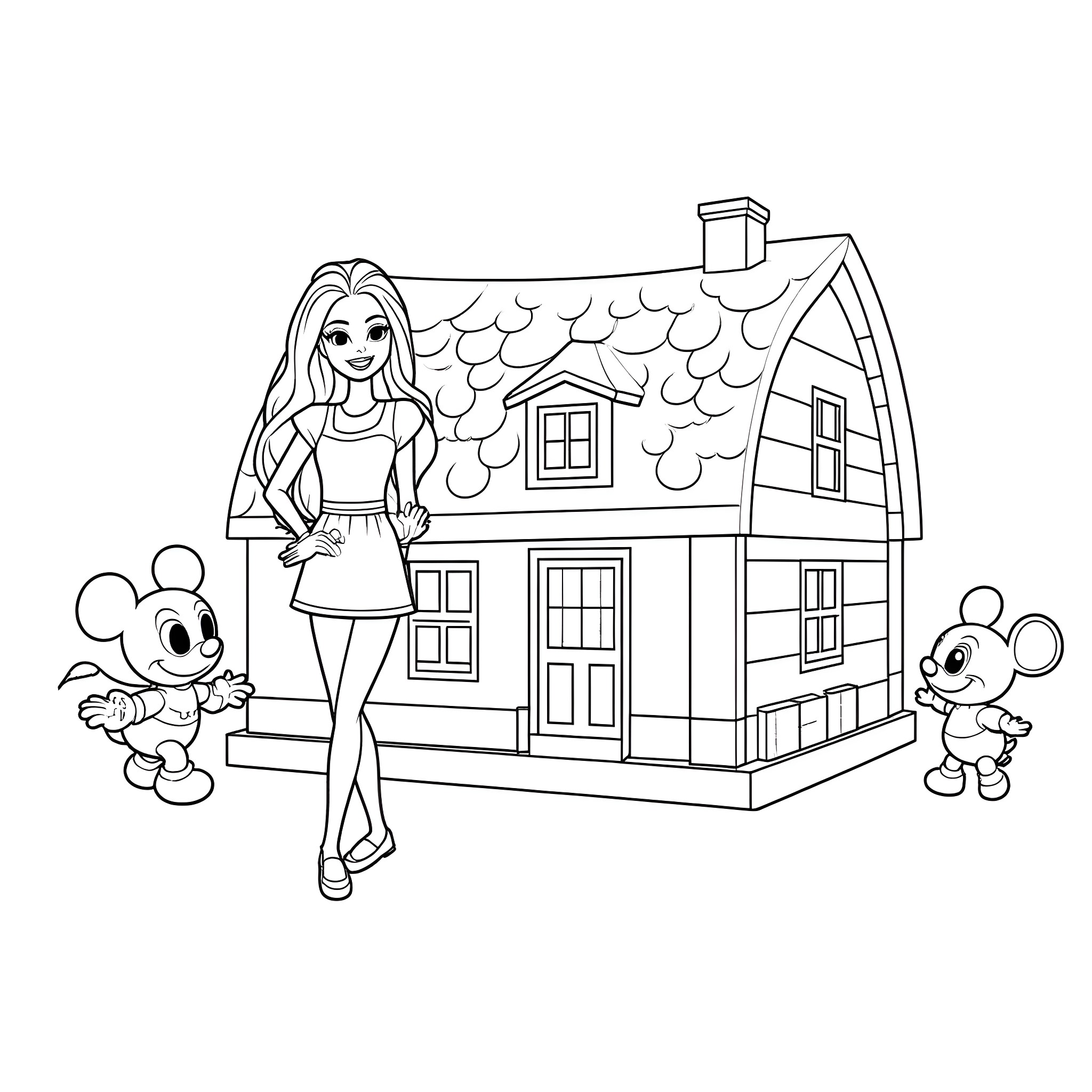 Character interacting with mouse friends at a cottage Coloring Page (free black-and-white line drawing printable PDF for all, from beginners to advanced learners, including children, teens, adults, and seniors)