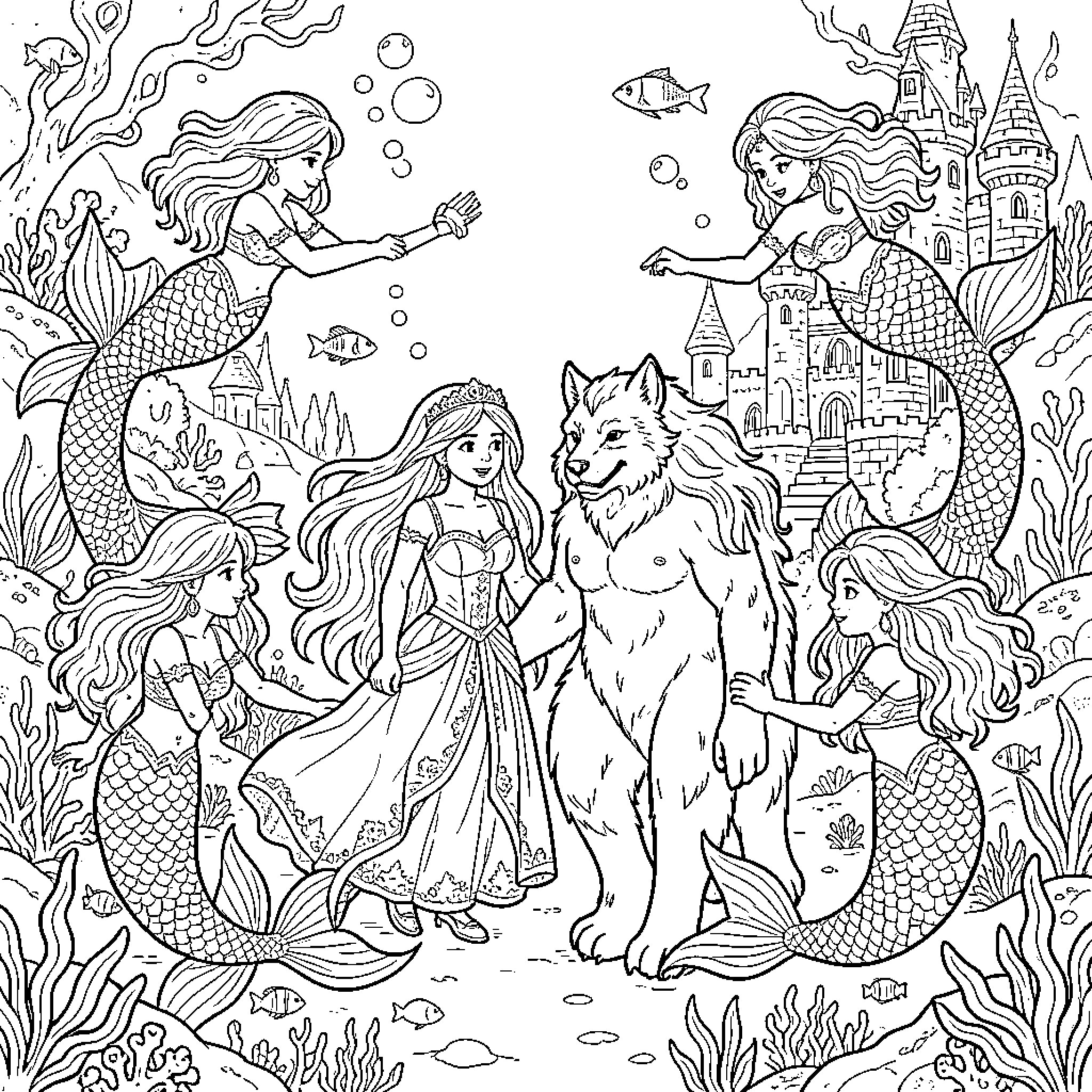 Bella y Bestia: Enchanting Mermaids, Magical Castle, and Mystical Creatures Coloring Page (free black-and-white line drawing printable PDF for all, from beginners to advanced learners, including children, teens, adults, and seniors)