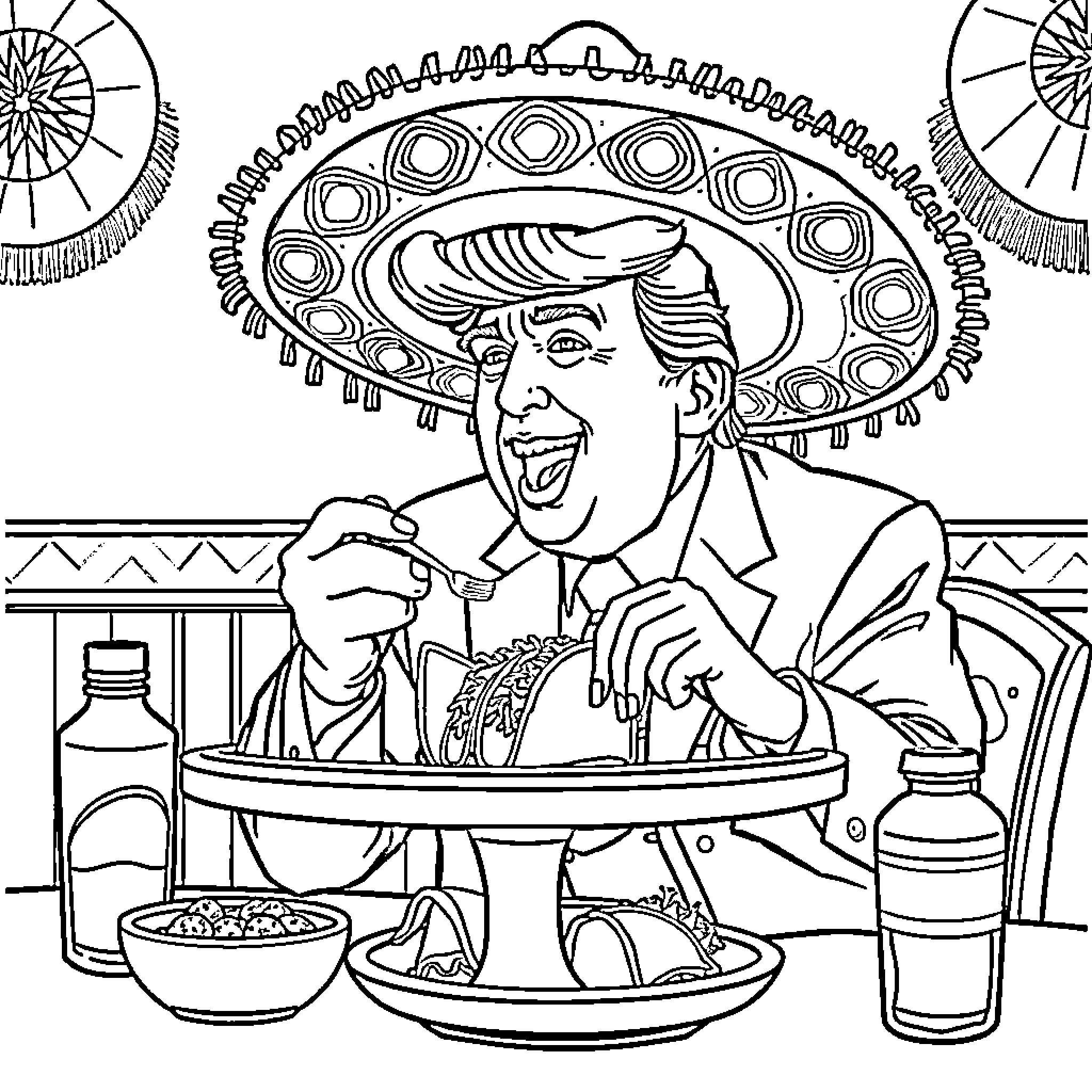 Donald Trump Enjoying a Hearty Mexican Meal Coloring Page (free black-and-white line drawing printable PDF for all, from beginners to advanced learners, including children, teens, adults, and seniors)