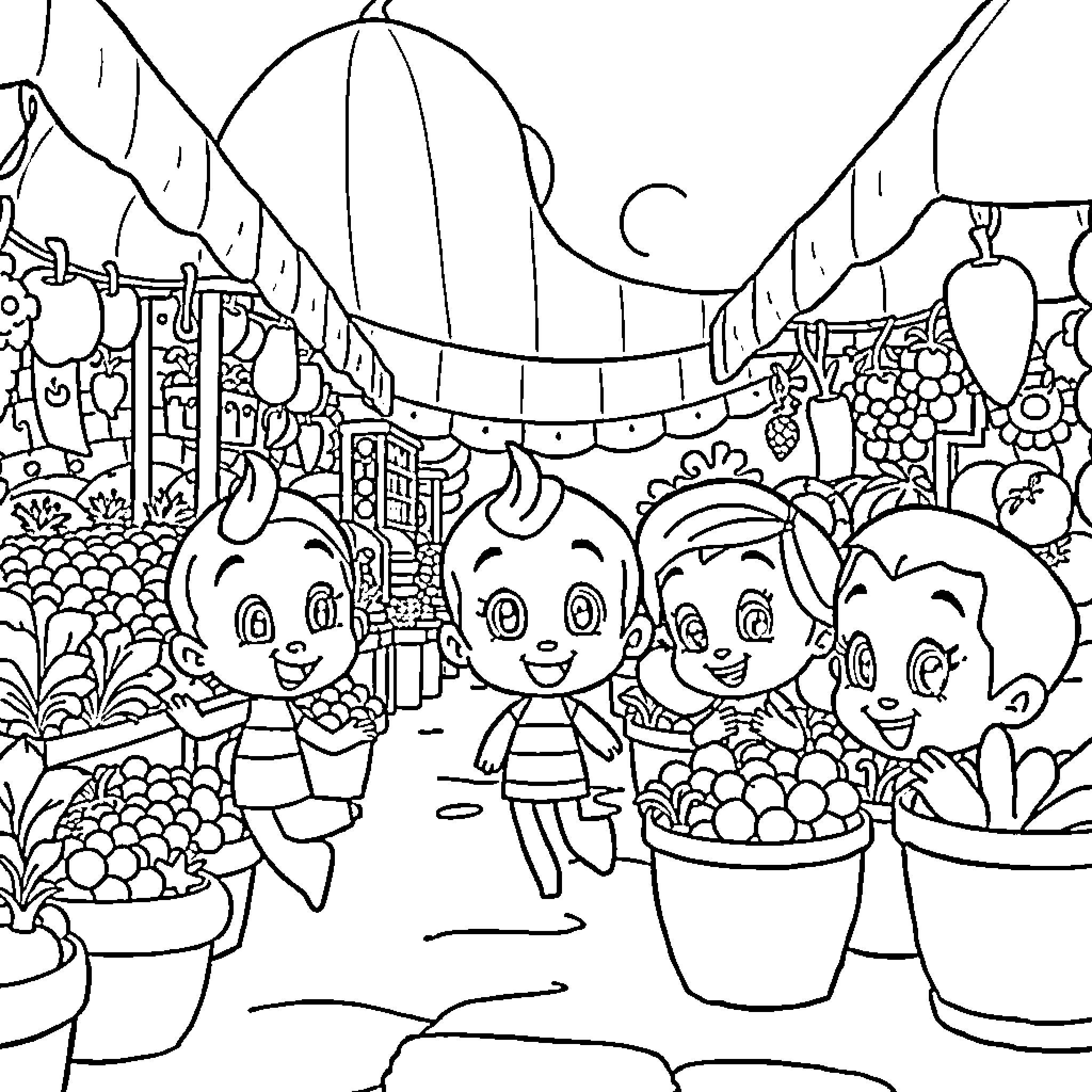 Bluey and friends explore a colorful market Coloring Page (free black-and-white line drawing printable PDF for all, from beginners to advanced learners, including children, teens, adults, and seniors)
