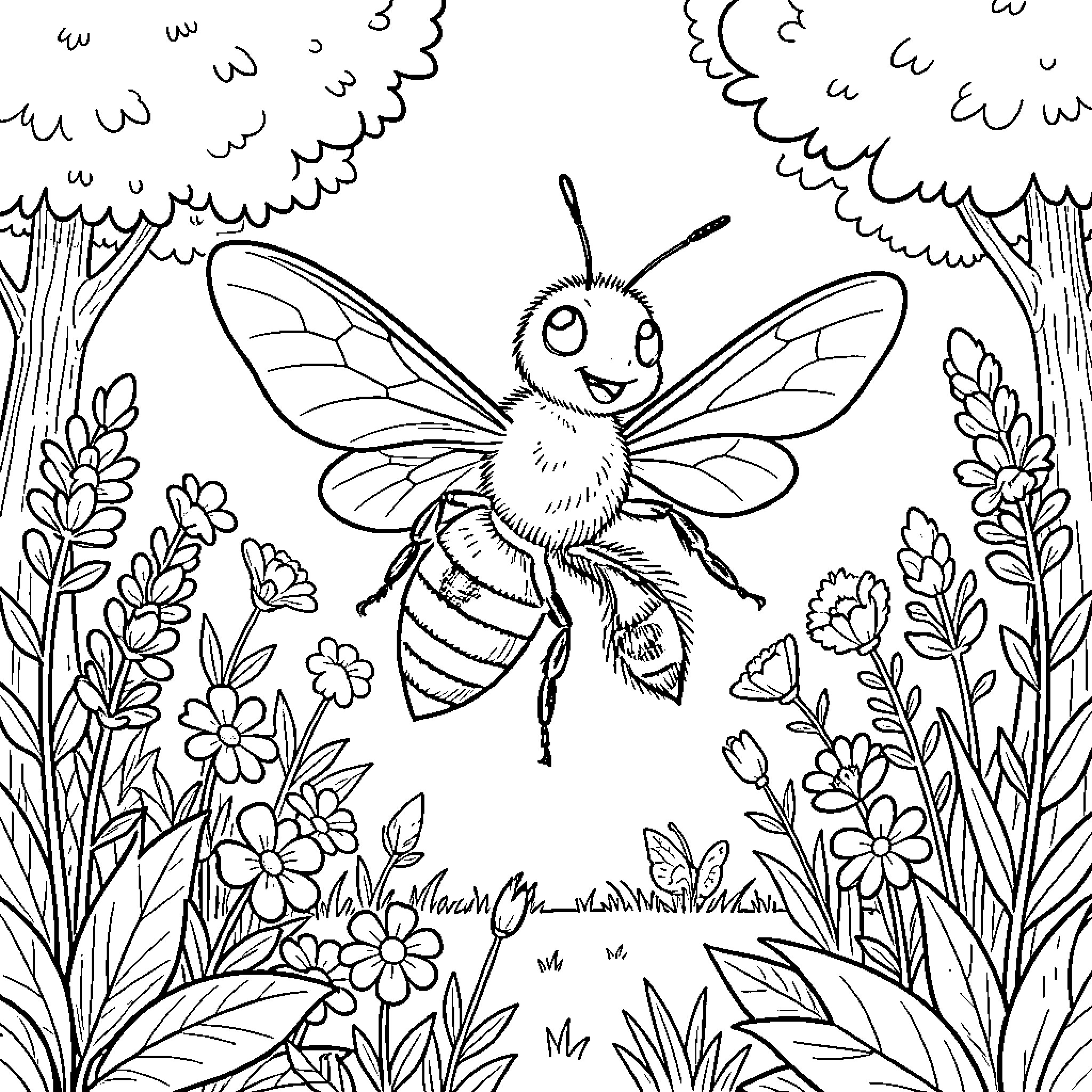 Bee in the Floral Garden Coloring Page (free black-and-white line drawing printable PDF for all, from beginners to advanced learners, including children, teens, adults, and seniors)